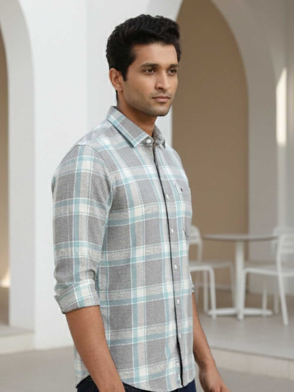 Men Grey Checkered Full Sleeve Slim Fit Casual Shirt