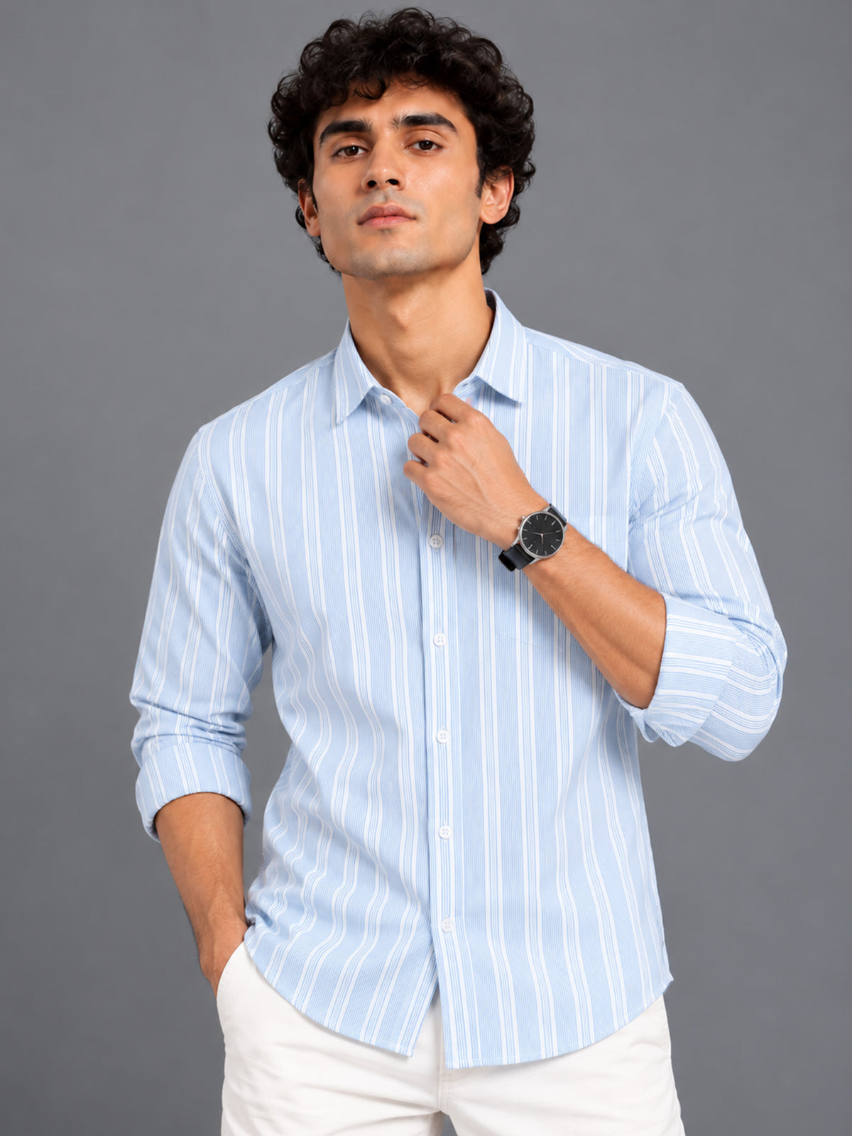 Men Blue Striped Cotton Lycra Slim Fit Casual Shirt