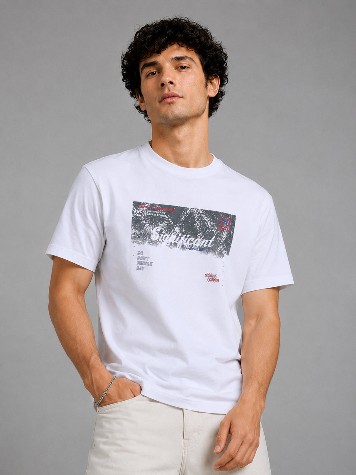 Men White Slim Fit Graphic Print Crew Neck Casual T-Shirt