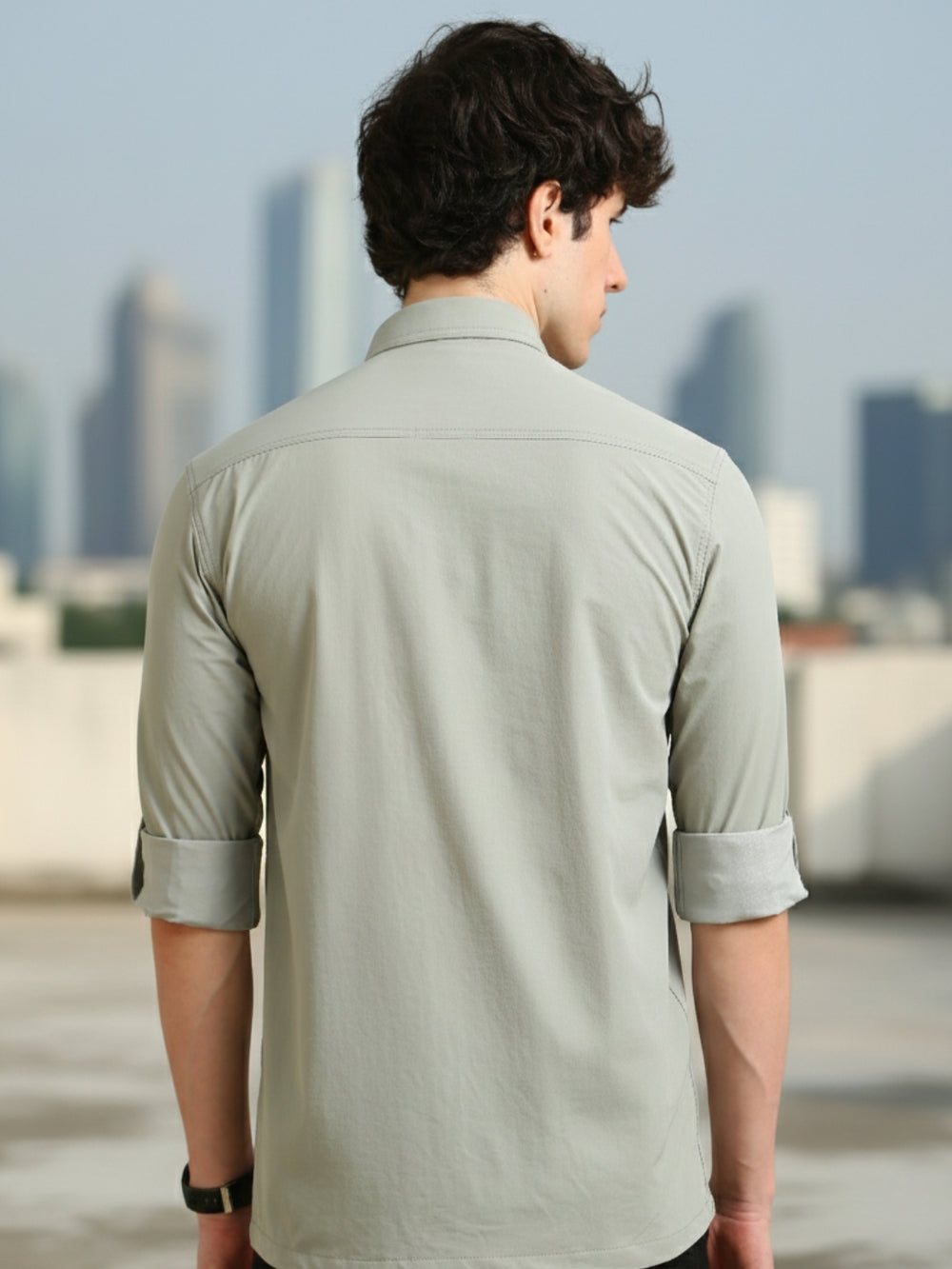 Men Lt.Grey Slim Fit Solid Full Sleeve Lycra Casual Shirt