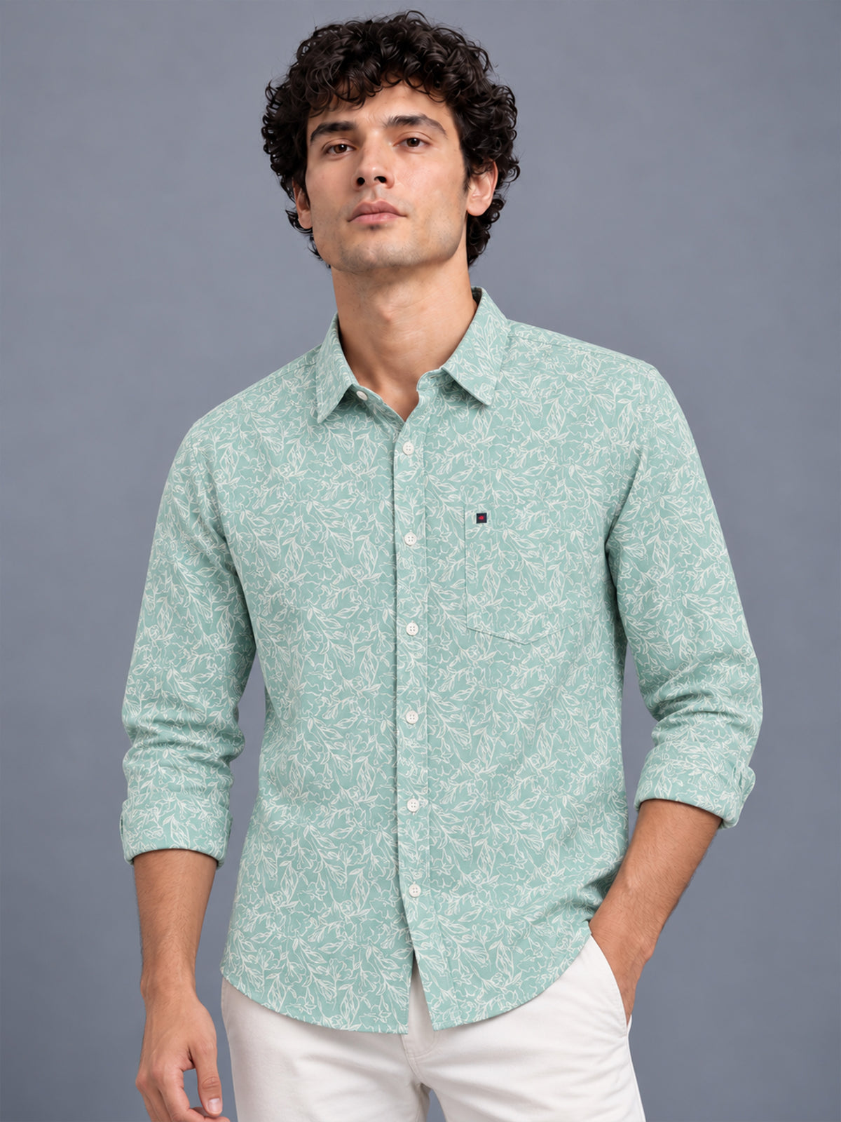 Men Green Slim Fit Floral Printed Casual Shirt