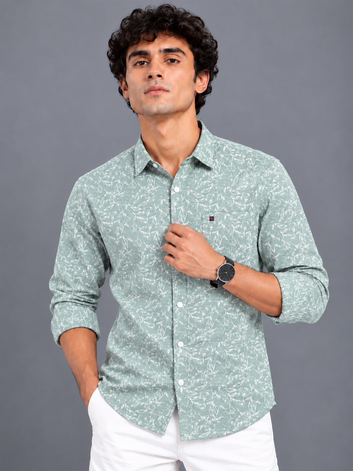 Men Light Blue Slim Fit Floral Printed Casual Shirt