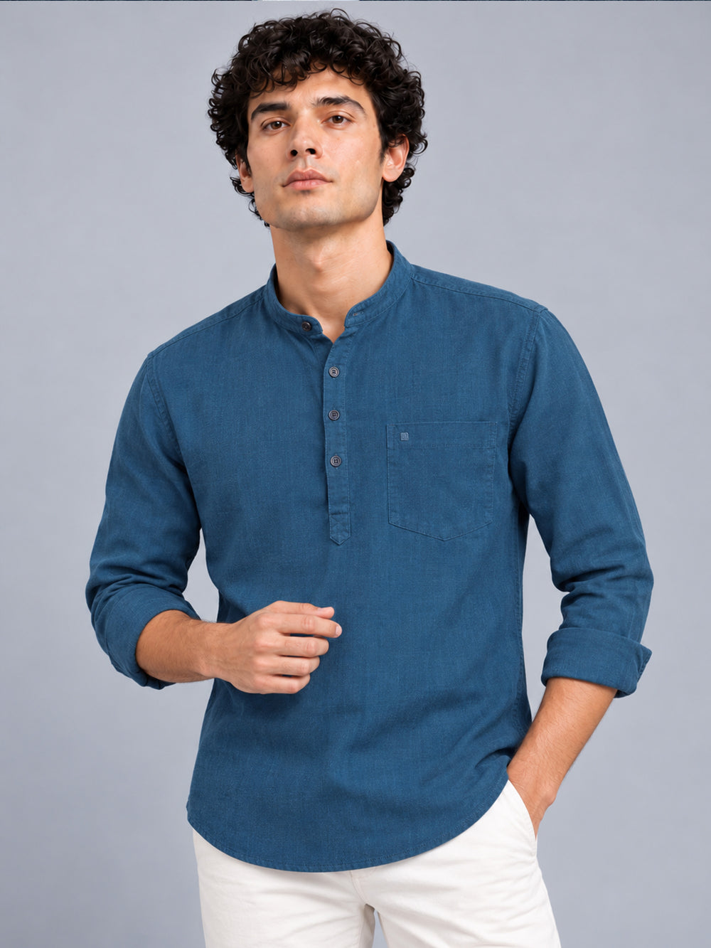Men Navy Slim Fit Solid Linen Texture Casual Kurta Shirt