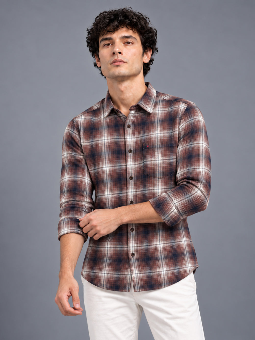 Men's Brown Slim Fit Checkered Casual Shirt