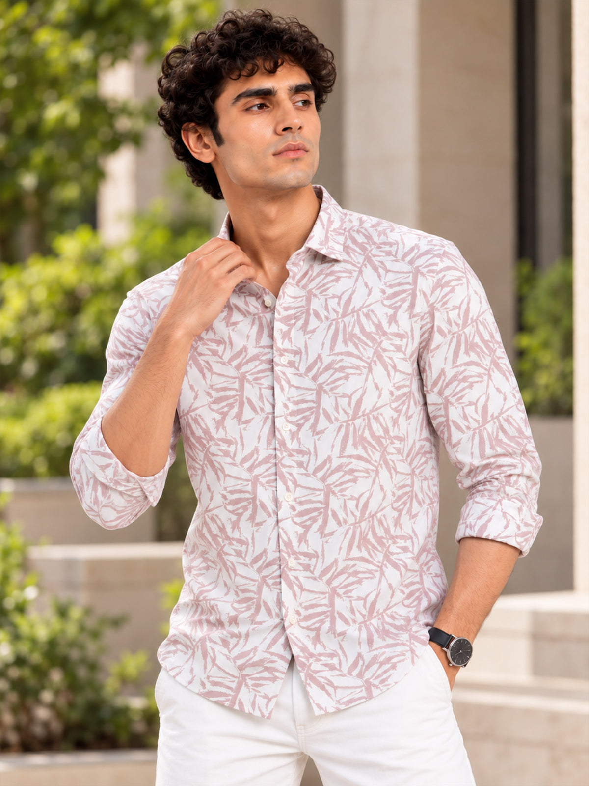Men Beige Slim Fit Cotton Lycra Brushstroke Printed Casual Shirt