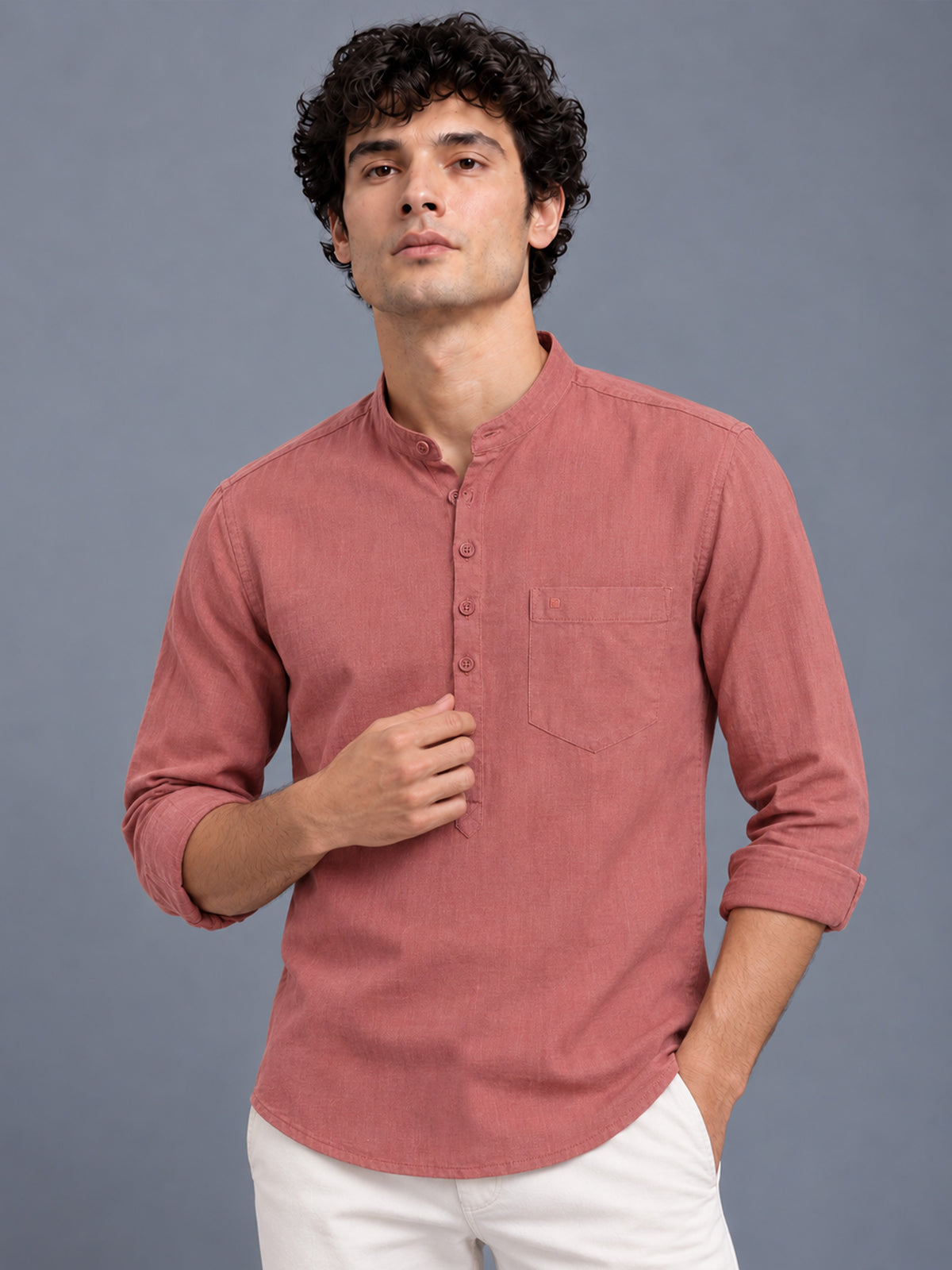 Men Dusty Rose Slim Fit Solid Linen Texture Casual Kurta Shirt
