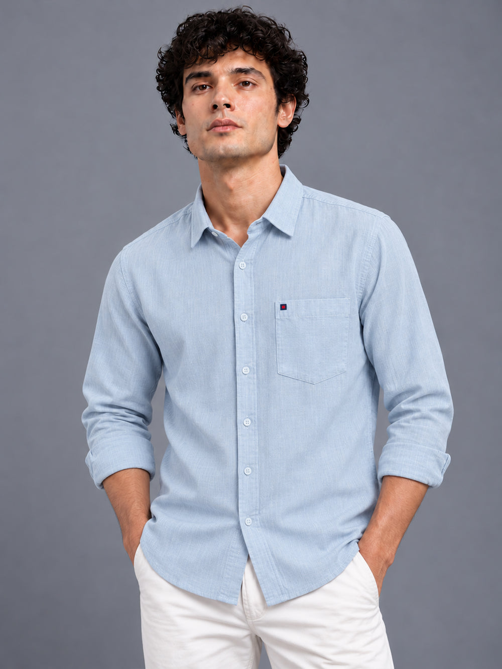 Men's Grey Linen Textured Slim Fit Solid Casual Shirt