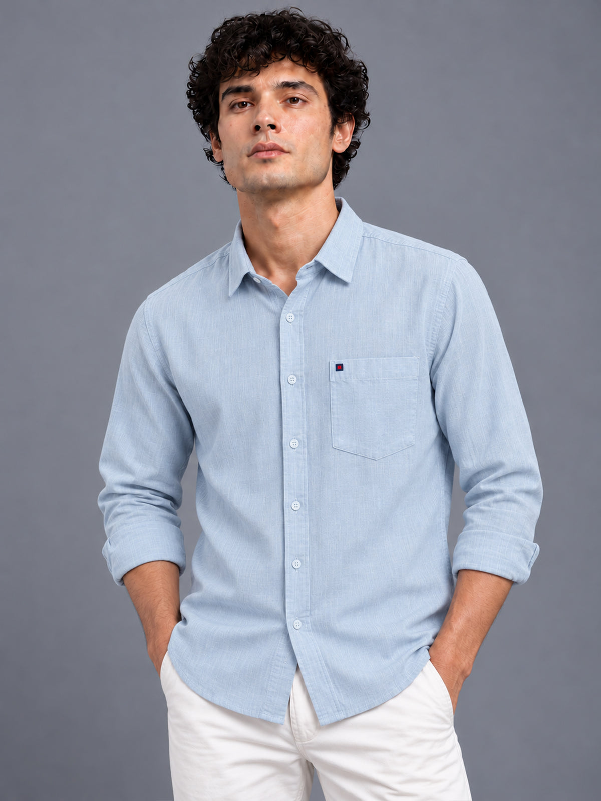 Men's Grey Linen Textured Slim Fit Solid Casual Shirt