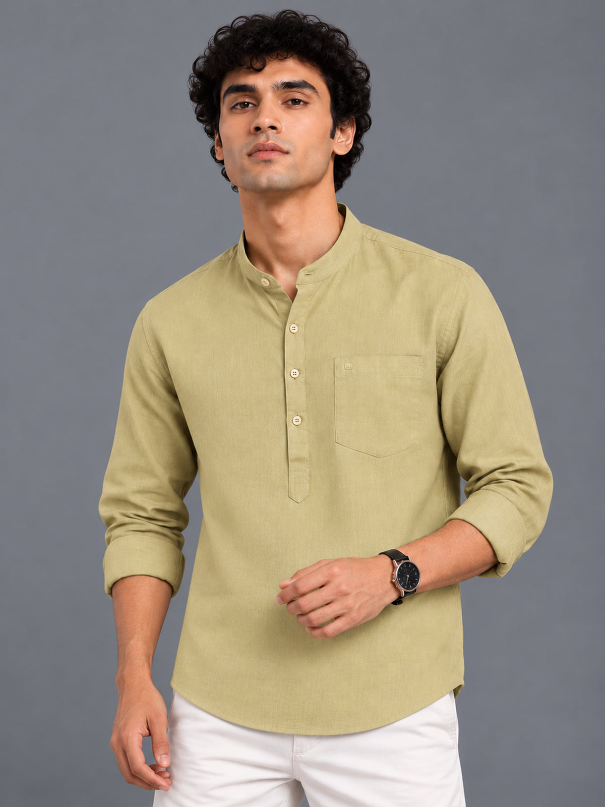 Men Yellow Slim Fit Solid Linen Texture Casual Kurta Shirt