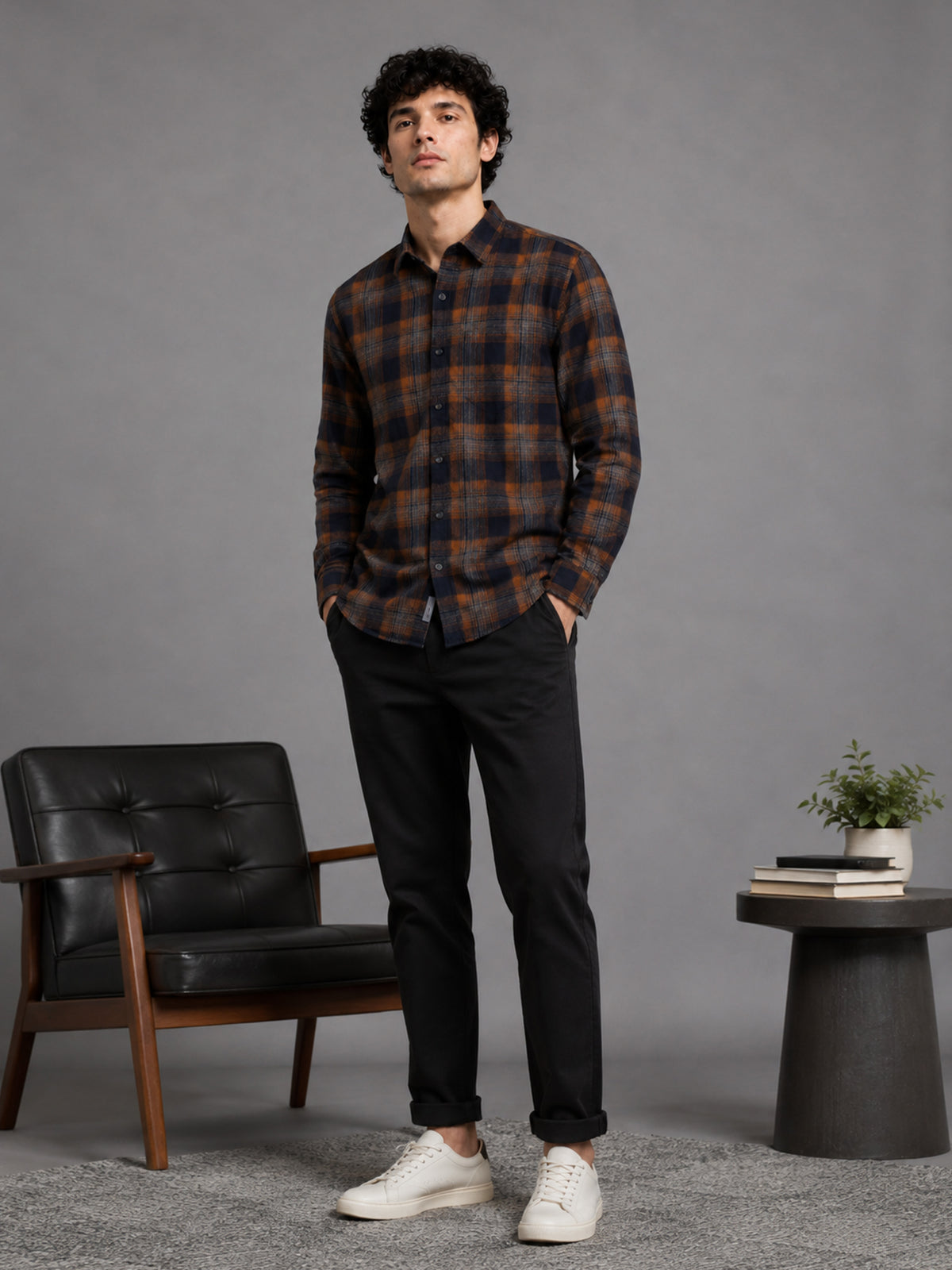 Men Orange Slim Fit Check Full Sleeve Casual Shirt