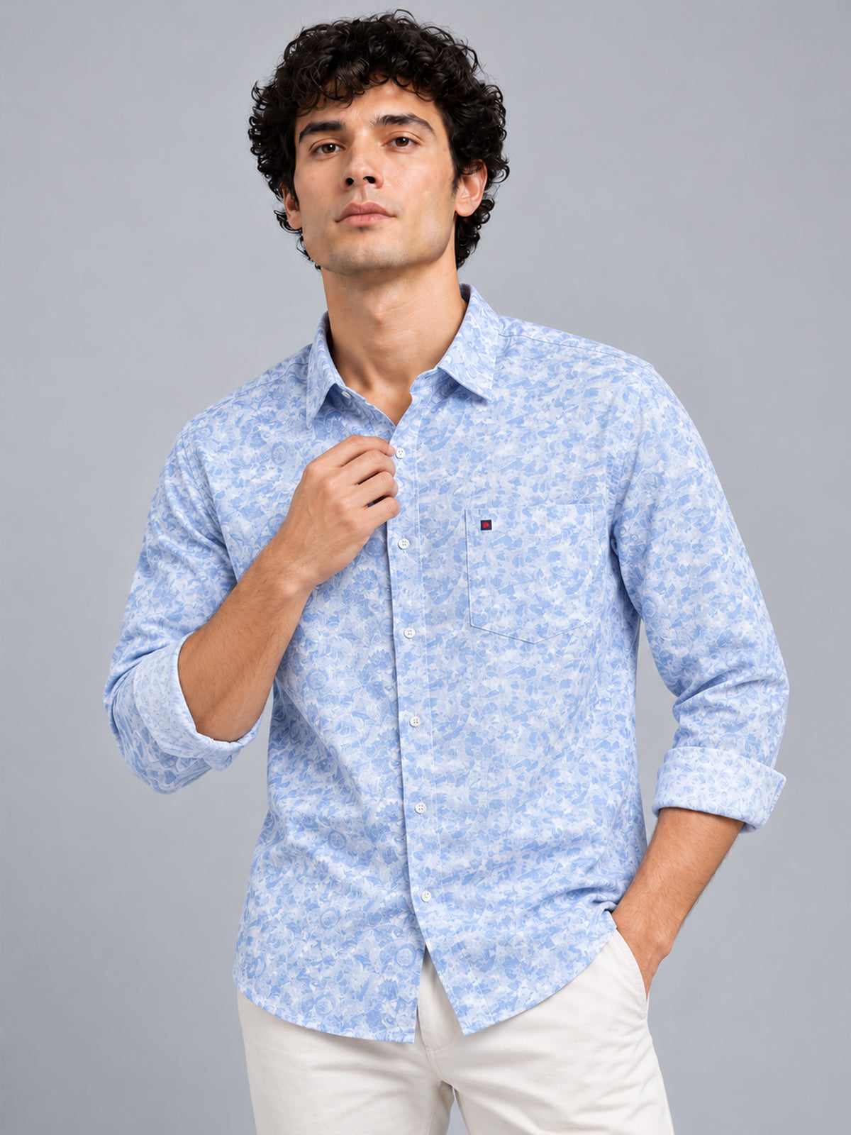 Men’s Sky Blue Slim Fit Floral Printed Casual Shirt