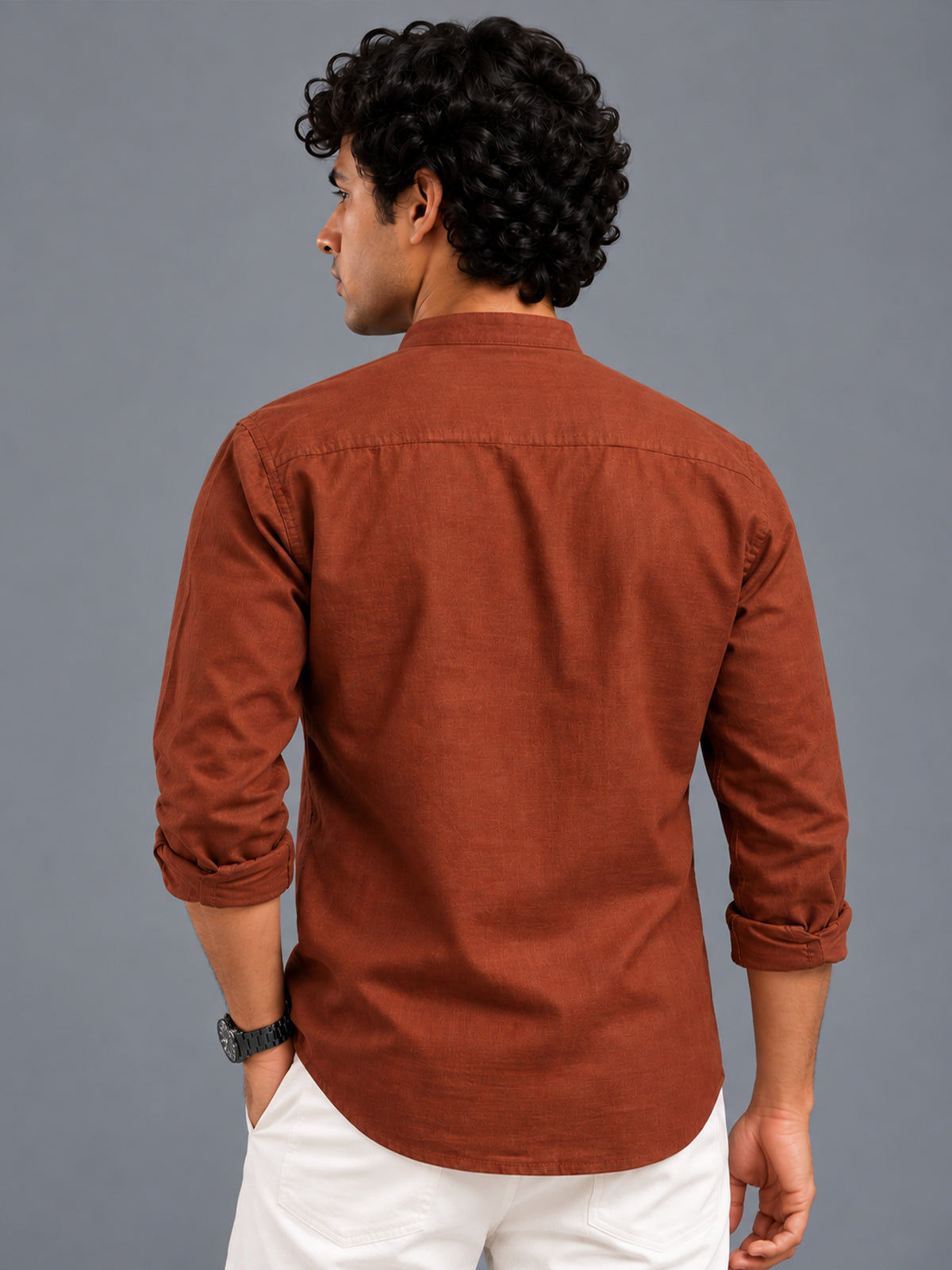 Men Brown Slim Fit Solid Linen Texture Casual Kurta Shirt