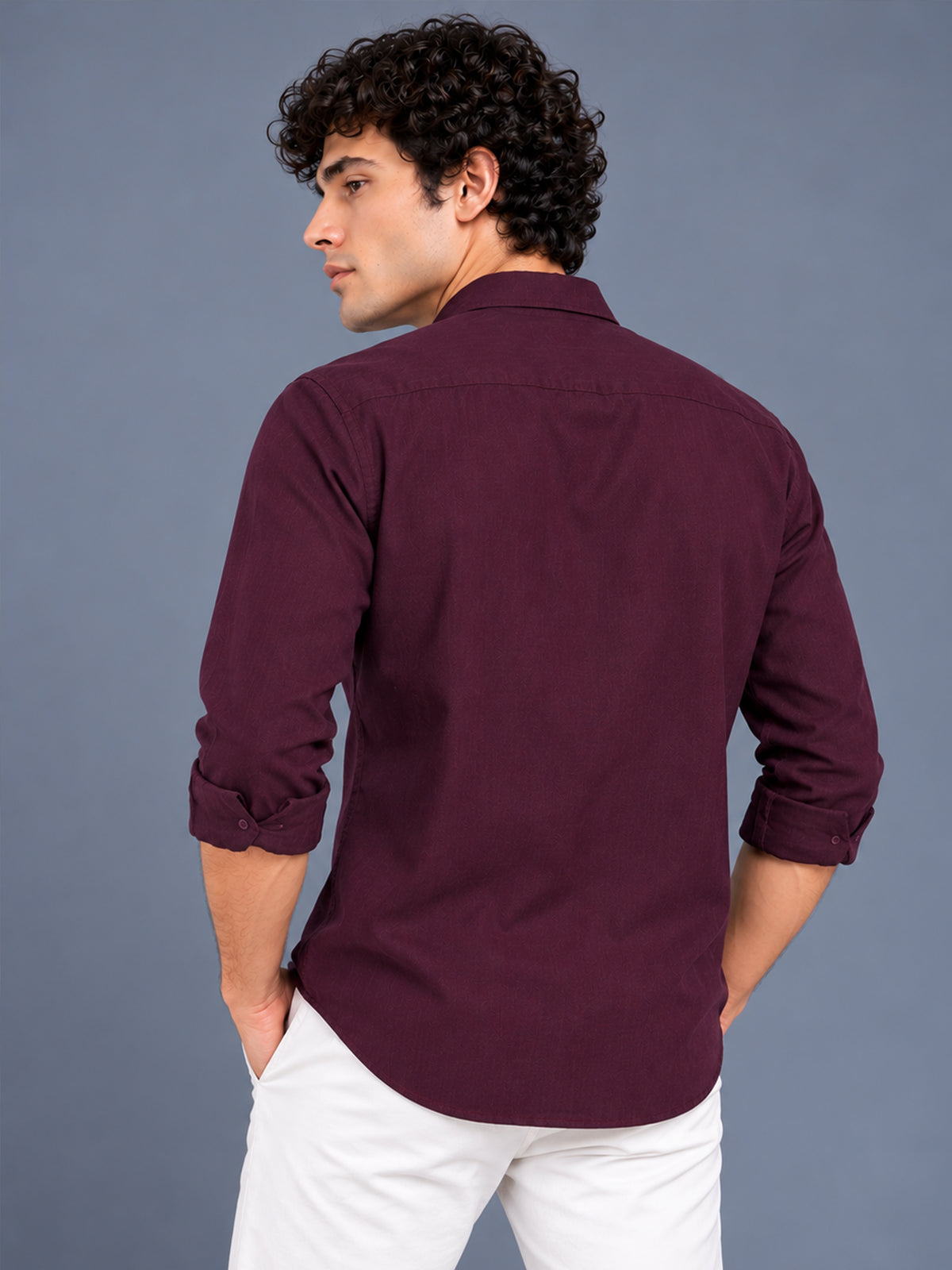 Men's Wine Linen Textured Slim Fit Solid Casual Shirt