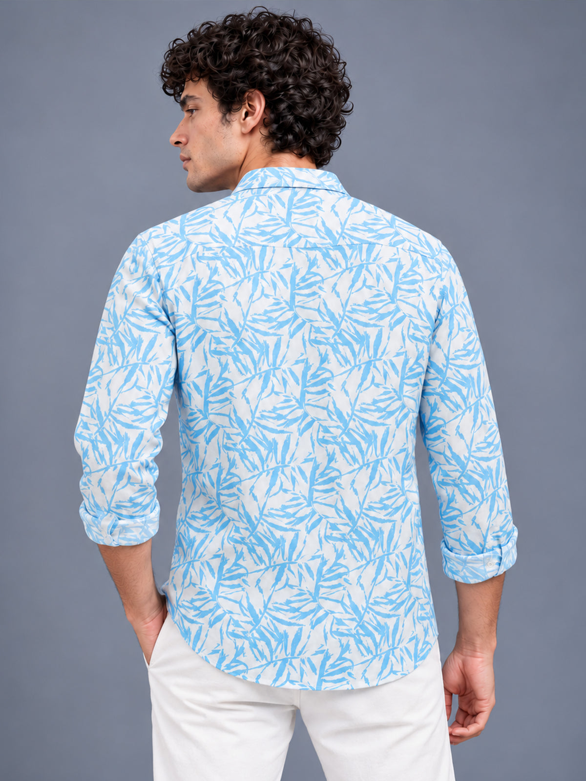Men Blue Slim Fit Cotton Lycra Brushstroke Printed Casual Shirt