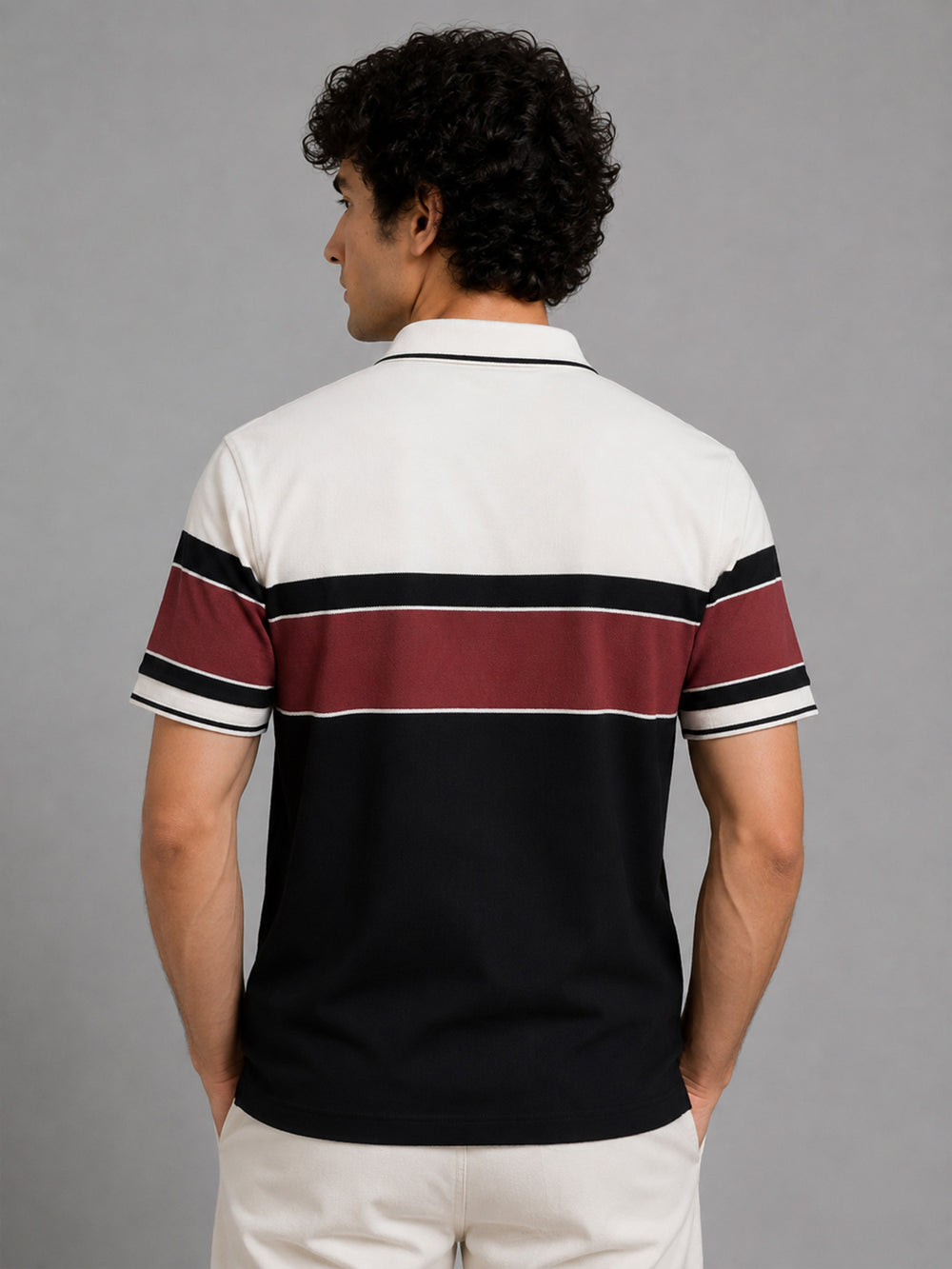 Men Brown Slim Fit Color-Block Striped Jacquard Polo T-Shirt