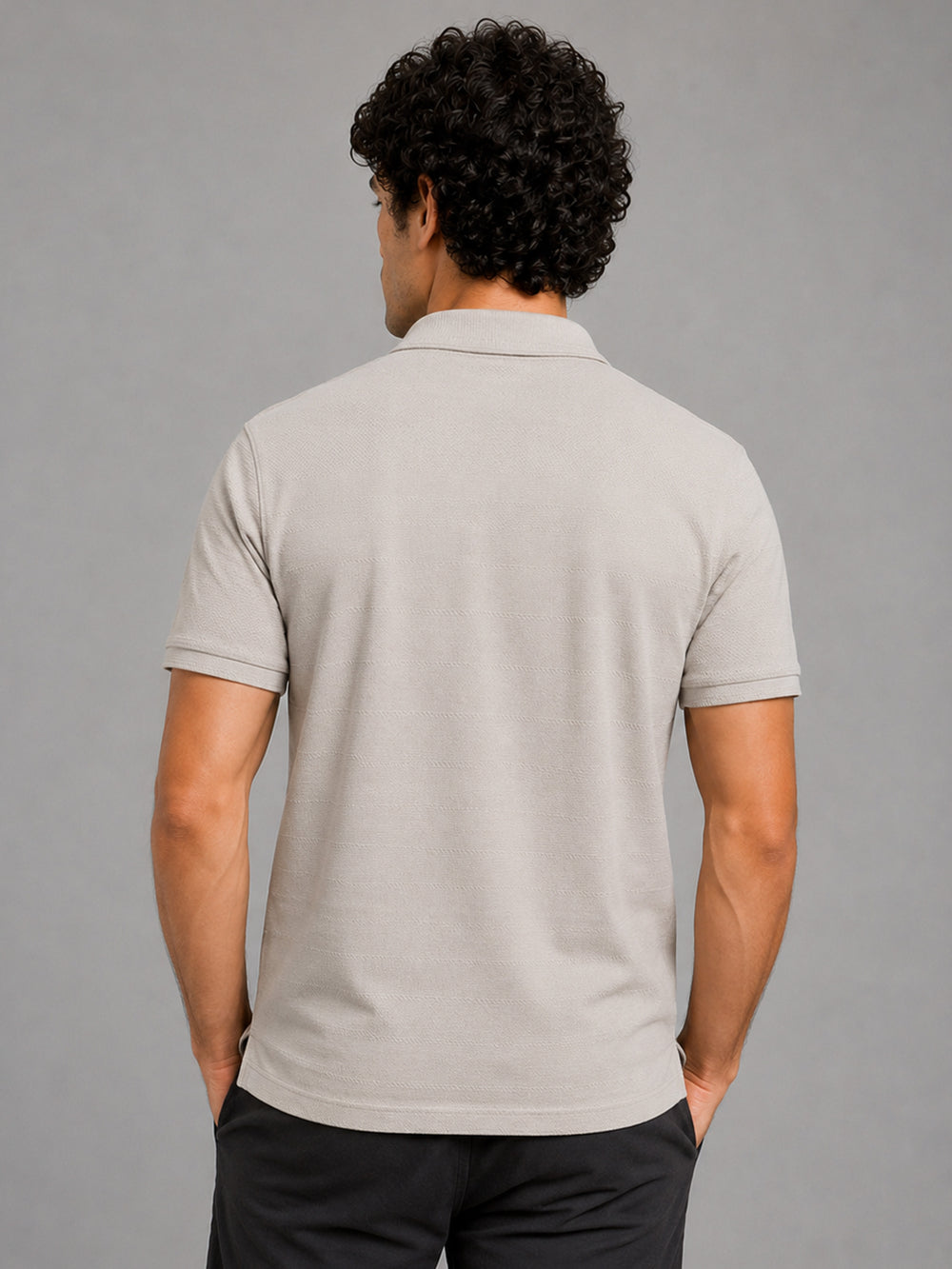 Men’s Beige Textured Knit Solid Casual Polo T‑Shirt.