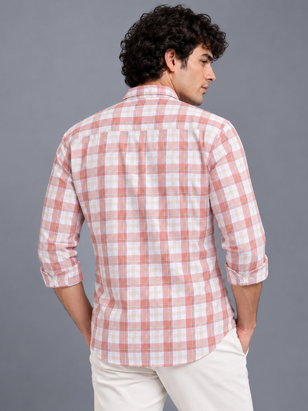 Men Peach Slim Fit Tartan checkered Casual Shirt