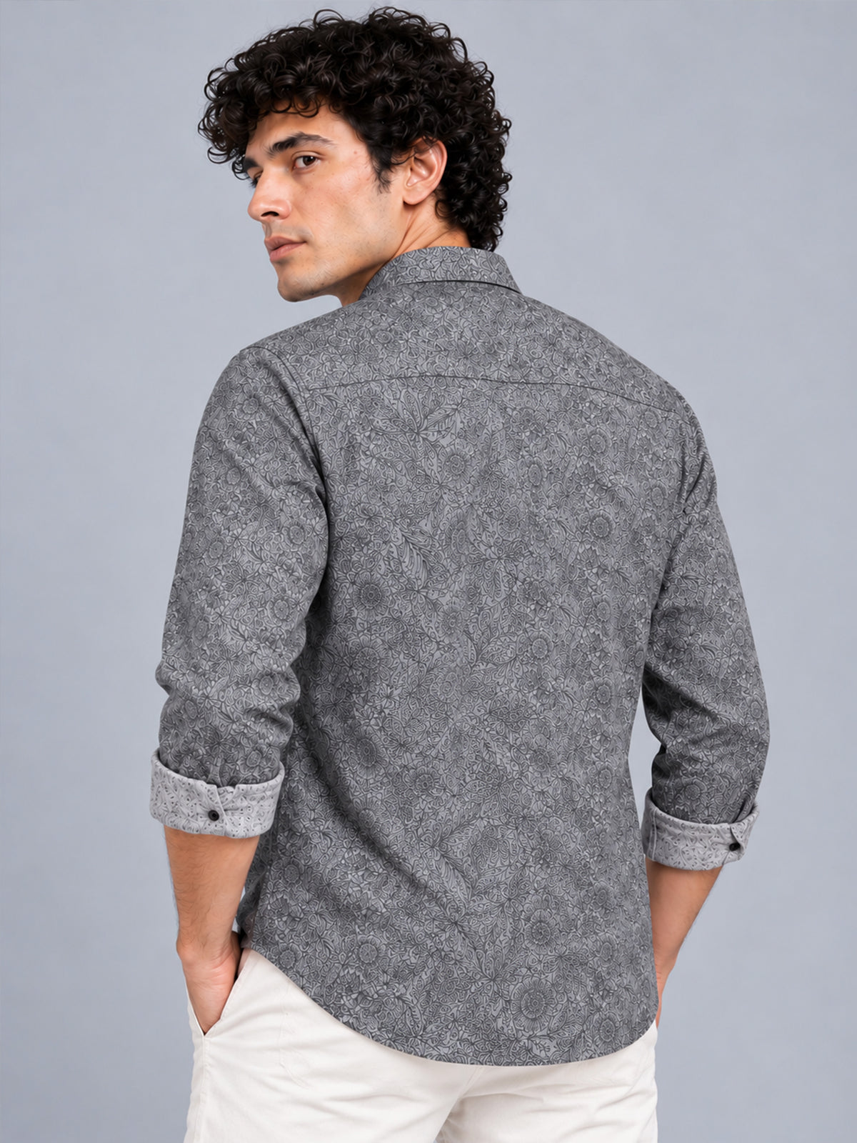 Men Dark Grey Slim Fit Floral Printed Casual Shirt
