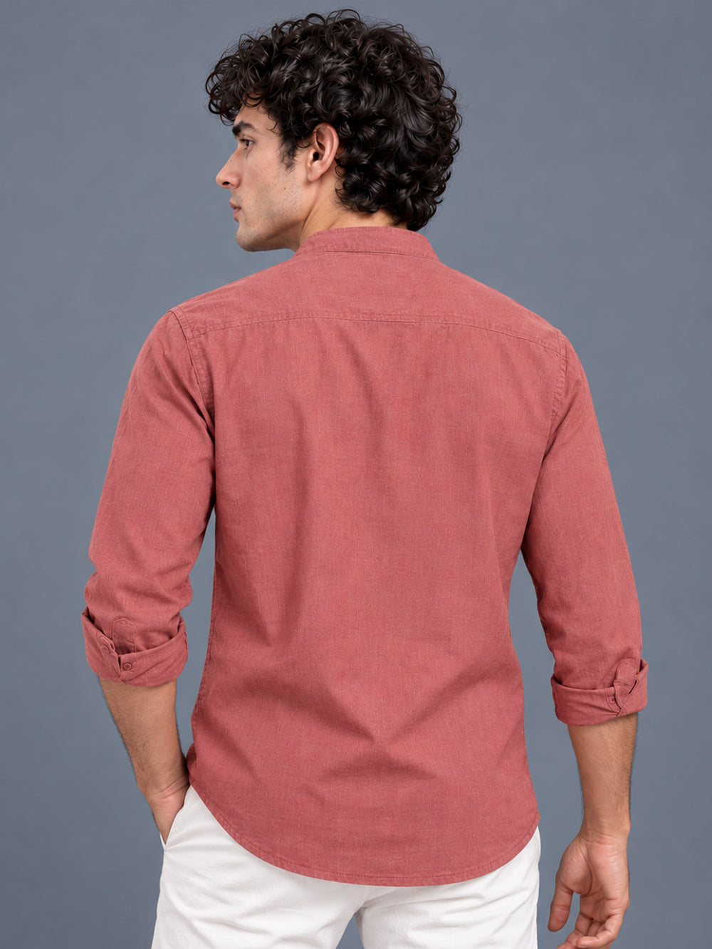Men Dusty Rose Slim Fit Solid Linen Texture Casual Kurta Shirt