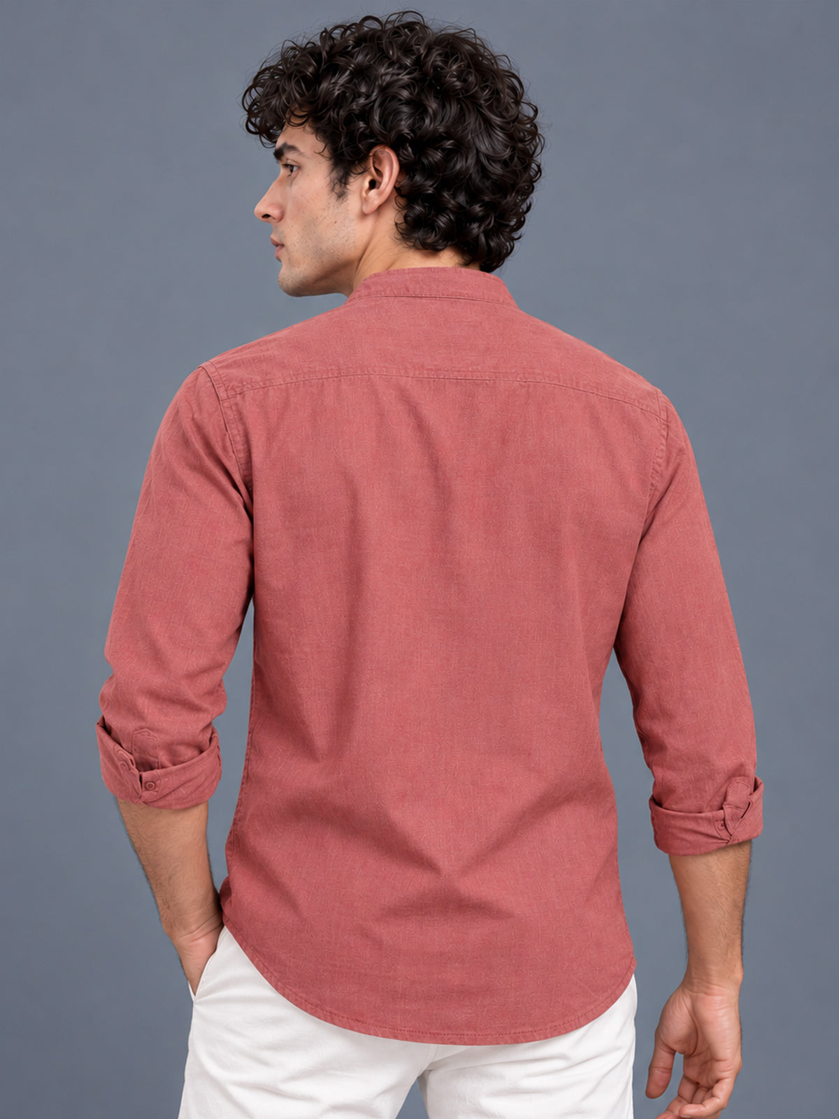 Men Dusty Rose Slim Fit Solid Linen Texture Casual Kurta Shirt