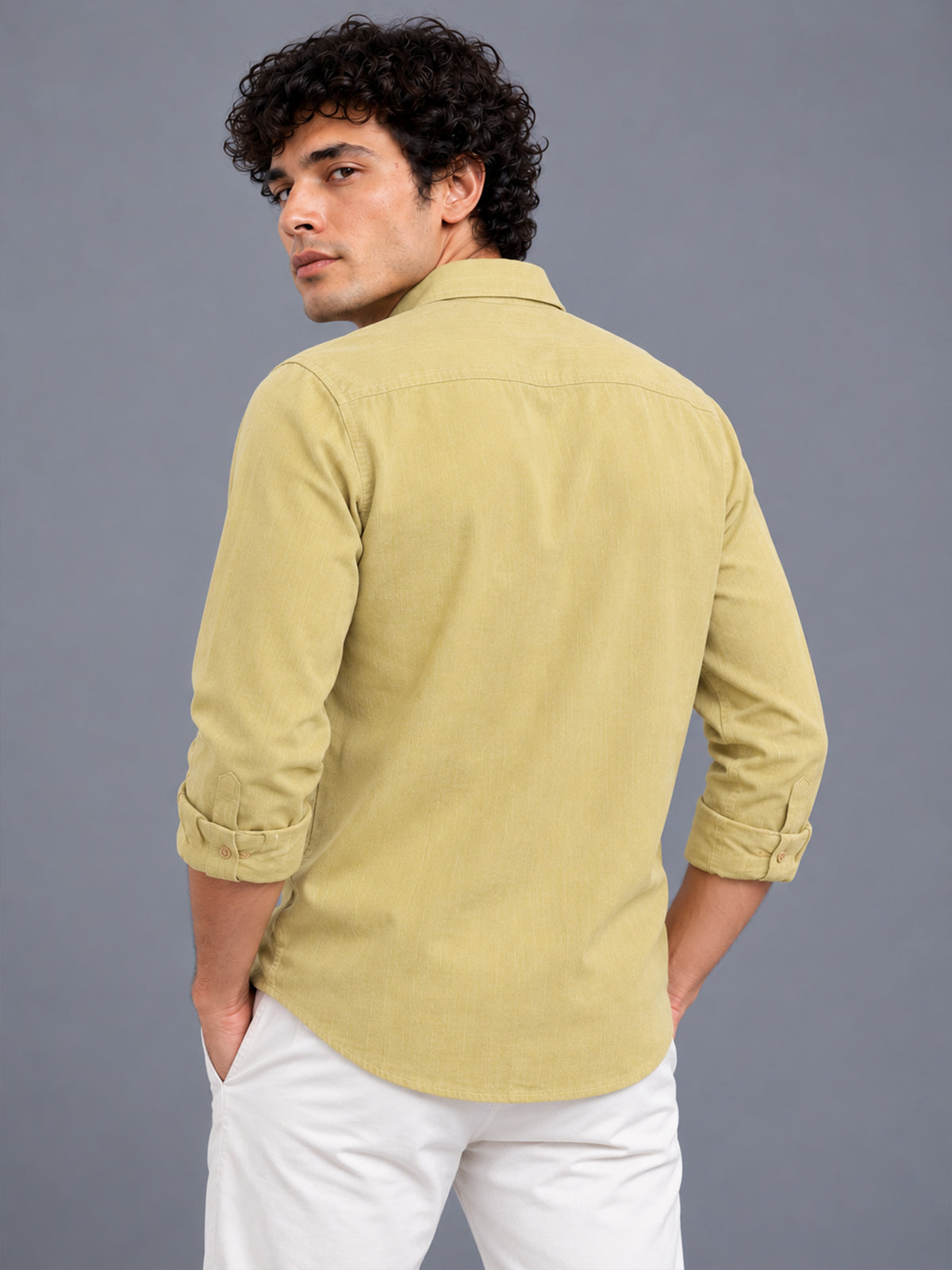 Men's Yellow Linen Textured Slim Fit Solid Casual Shirt