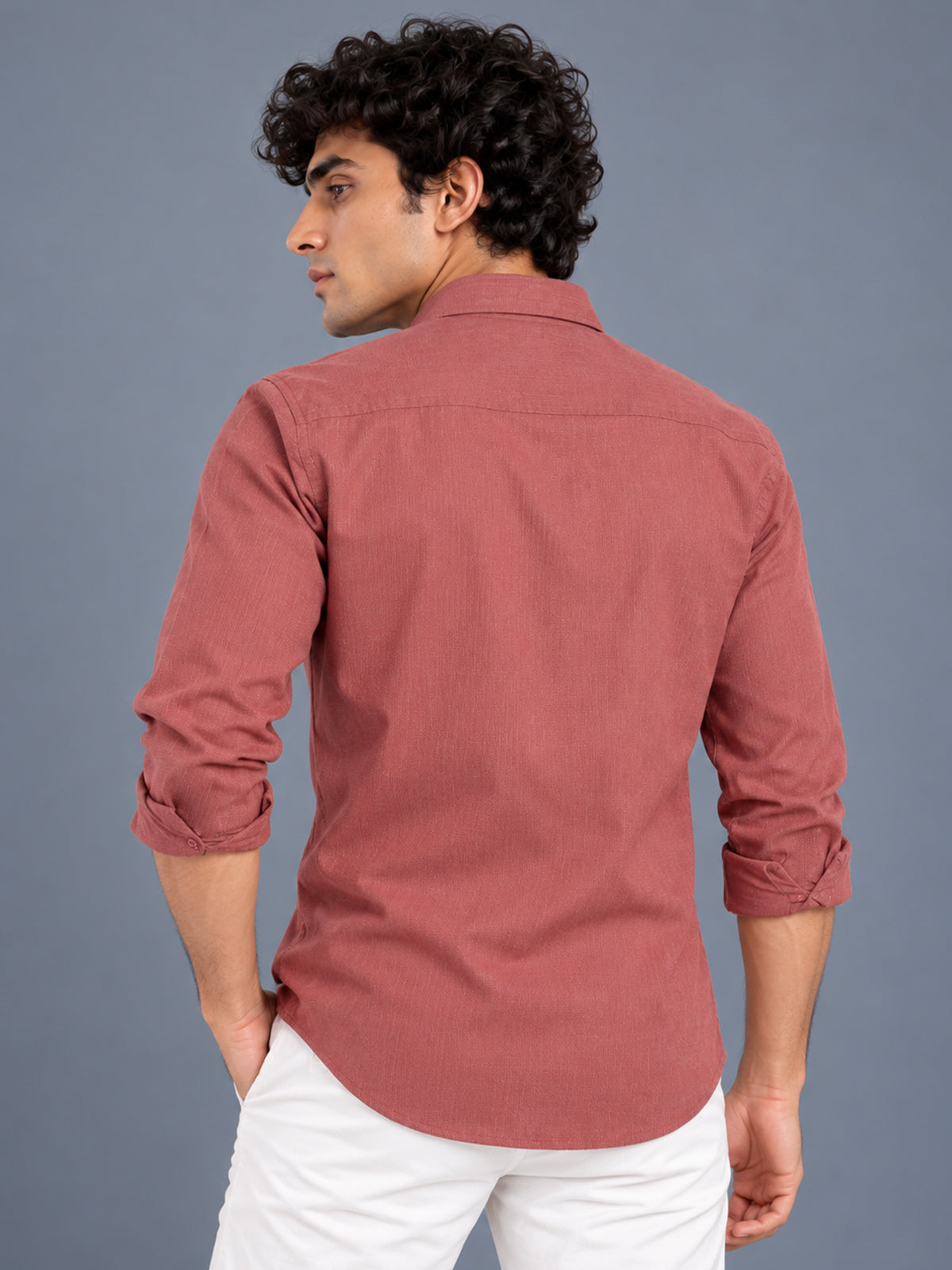 Men's Dusty Rose Linen Textured Slim Fit Solid Casual Shirt
