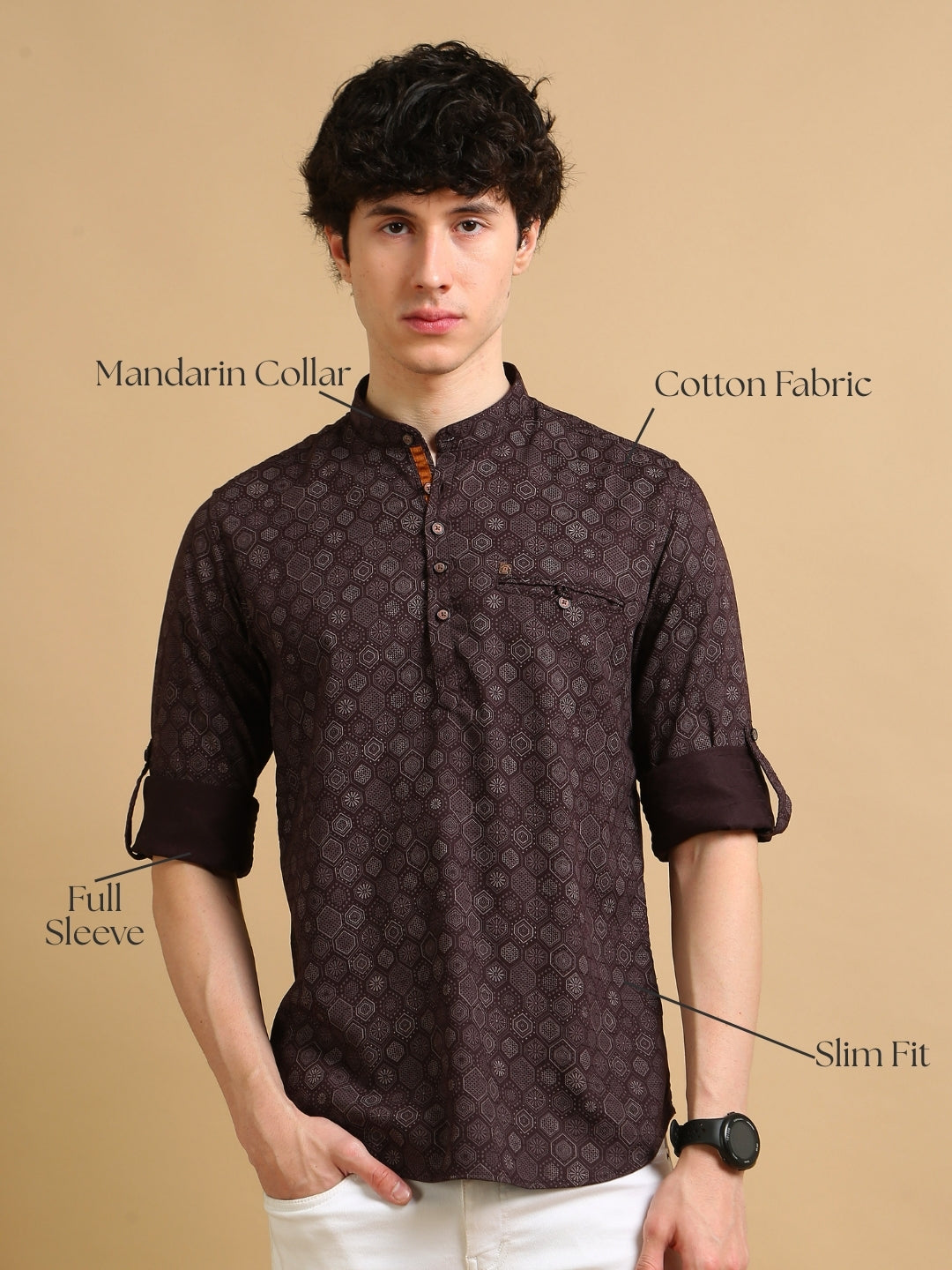 Men Maroon Slim Fit Printed Full Sleeve Casual Kurta Shirt