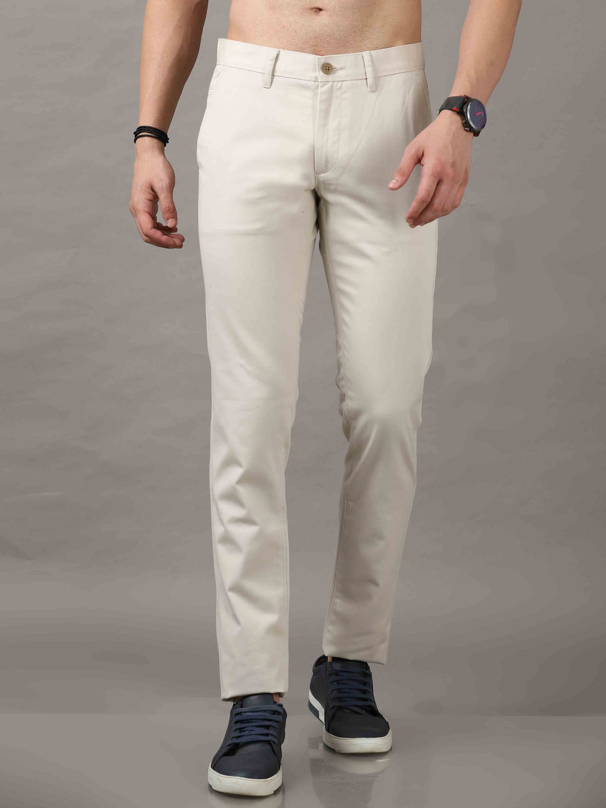 Men's Cream Cotton Blend Narrow Fit Solid Causal Trouser
