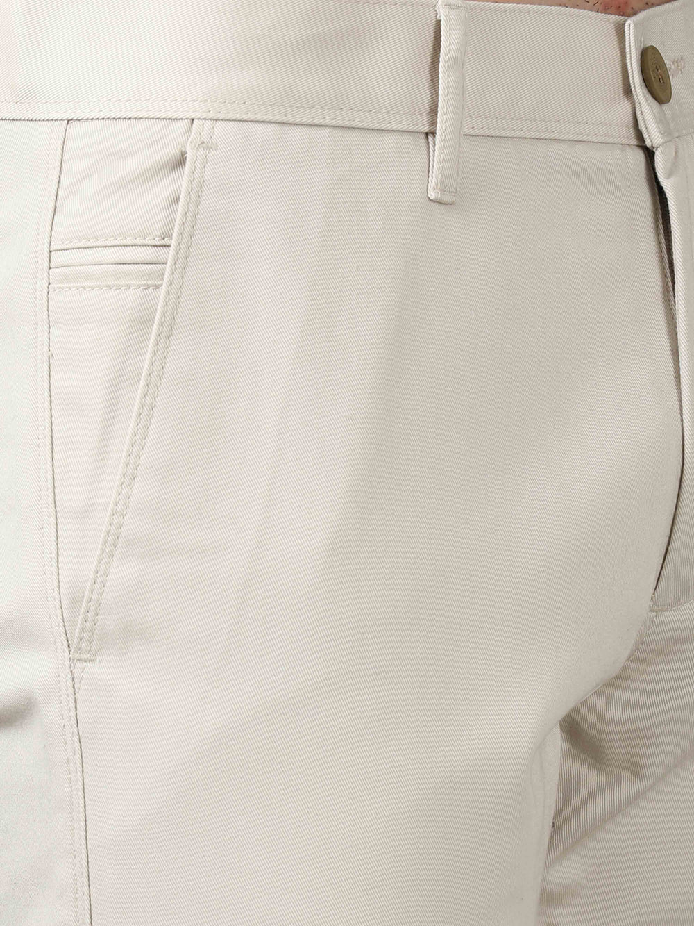 Men's Cream Cotton Blend Narrow Fit Solid Causal Trouser