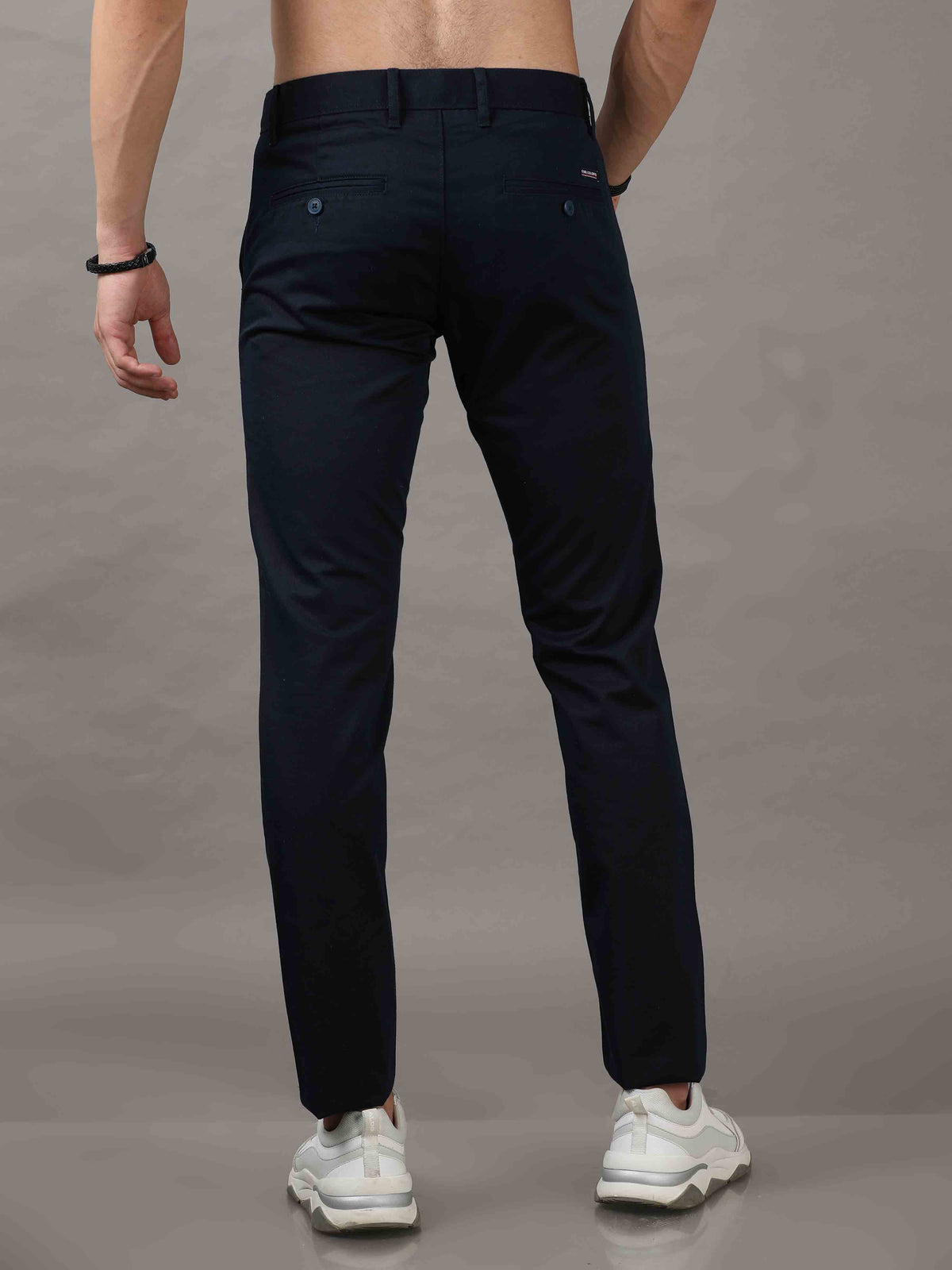 Men's Navy Narrow Fit Cotton Blend Solid Causal Trousers