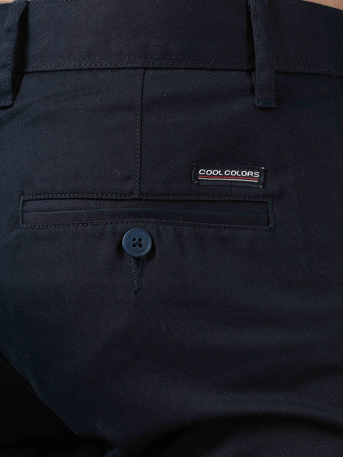Men's Navy Narrow Fit Cotton Blend Solid Causal Trousers