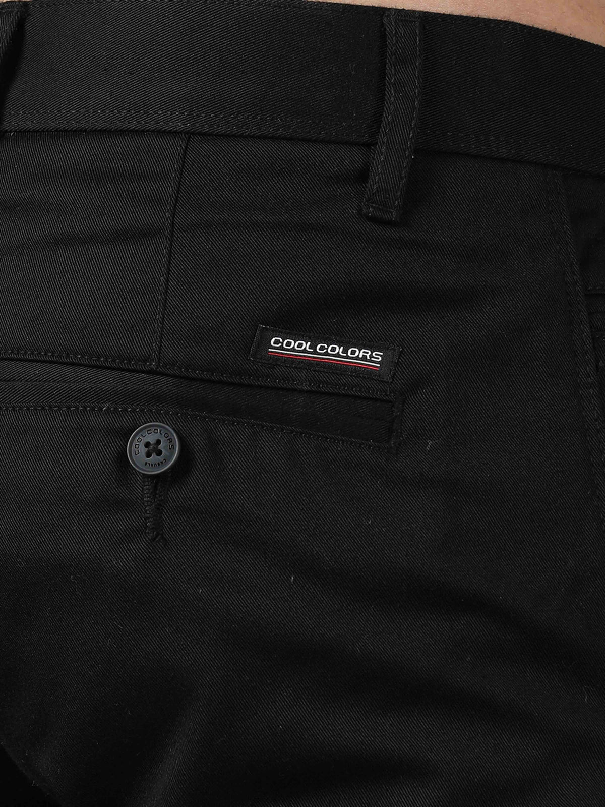 Men's Black Narrow Fit Cotton Blend Solid Causal Trousers