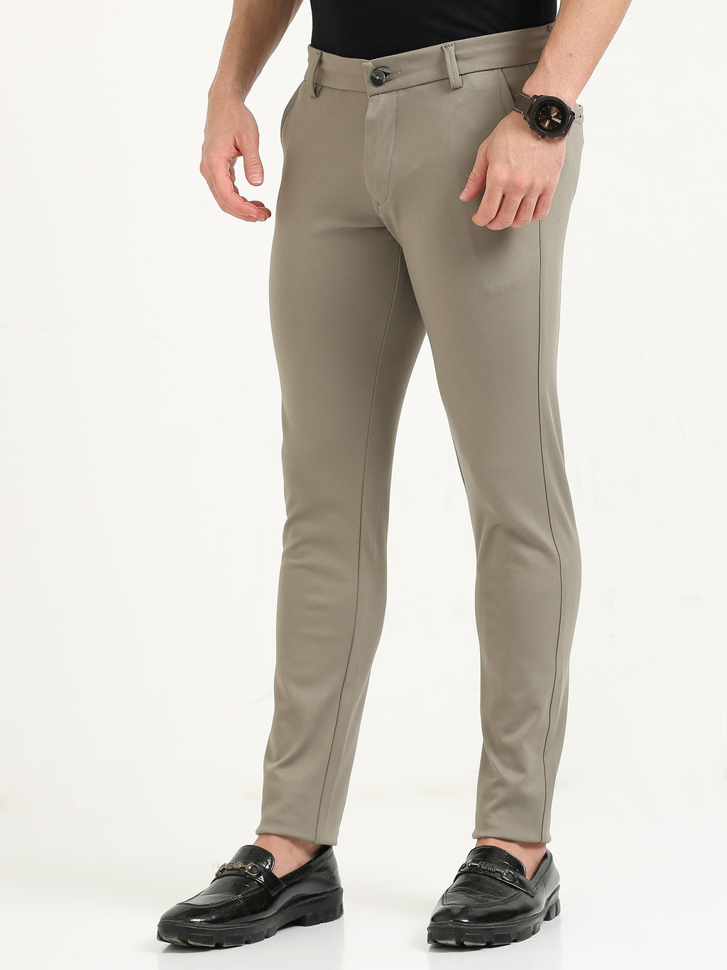 Men'S Beige 4-Way Lycra Tapered Fit Trousers