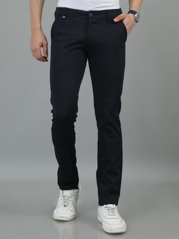 Men Navy Narrow Fit 4 Way Lycra Checks Casual Trousers