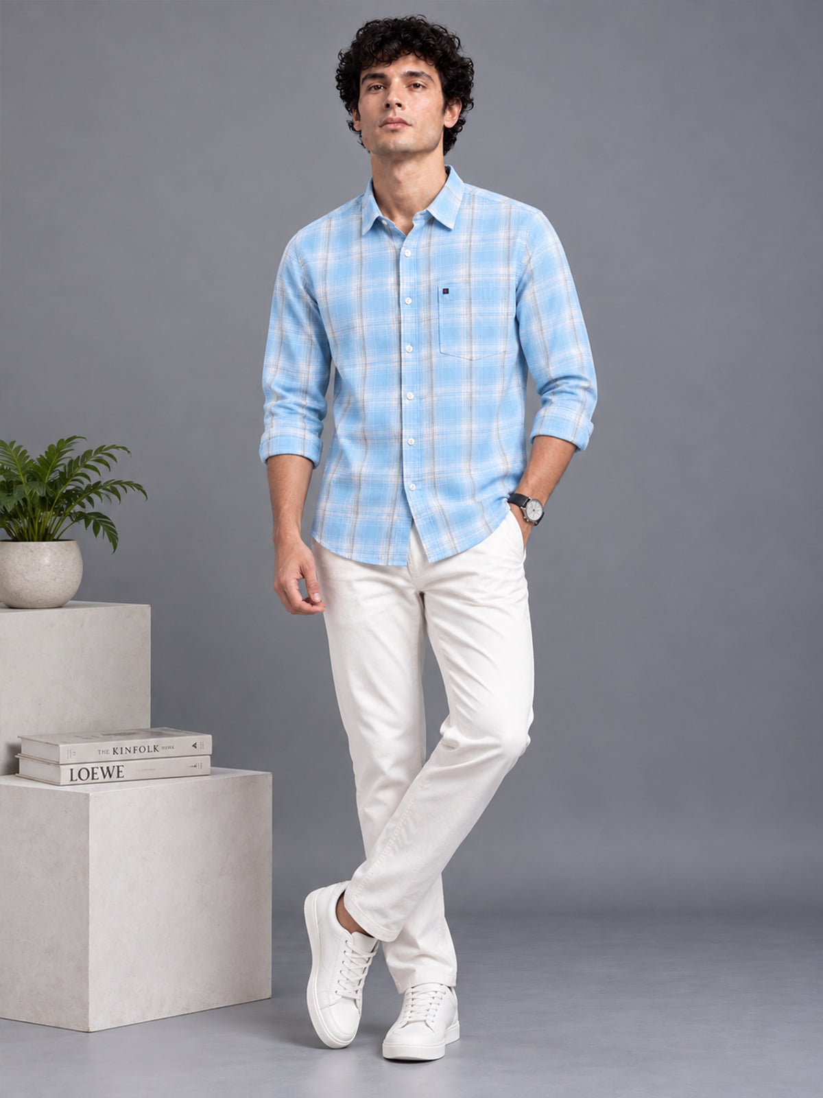 Men’s Blue Checkered Slim Fit Casual Shirt