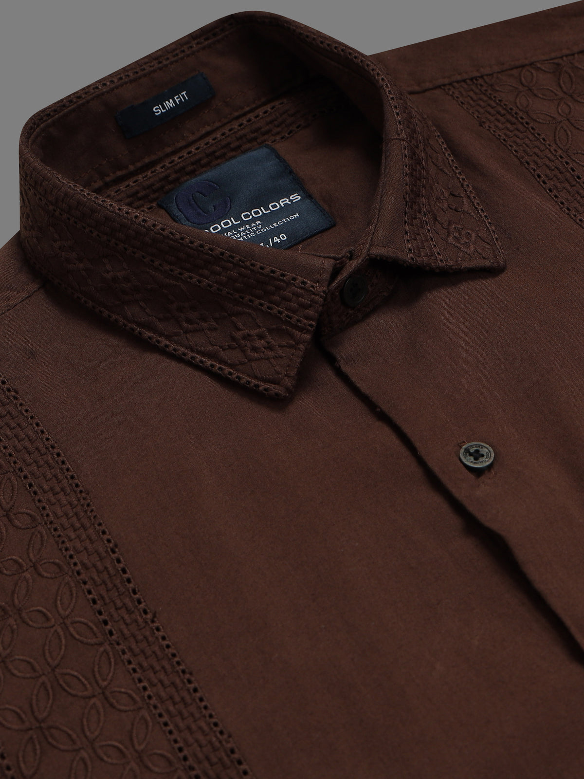 Men Brown Slim Fit Embroidered Full Sleeve Casual Shirt