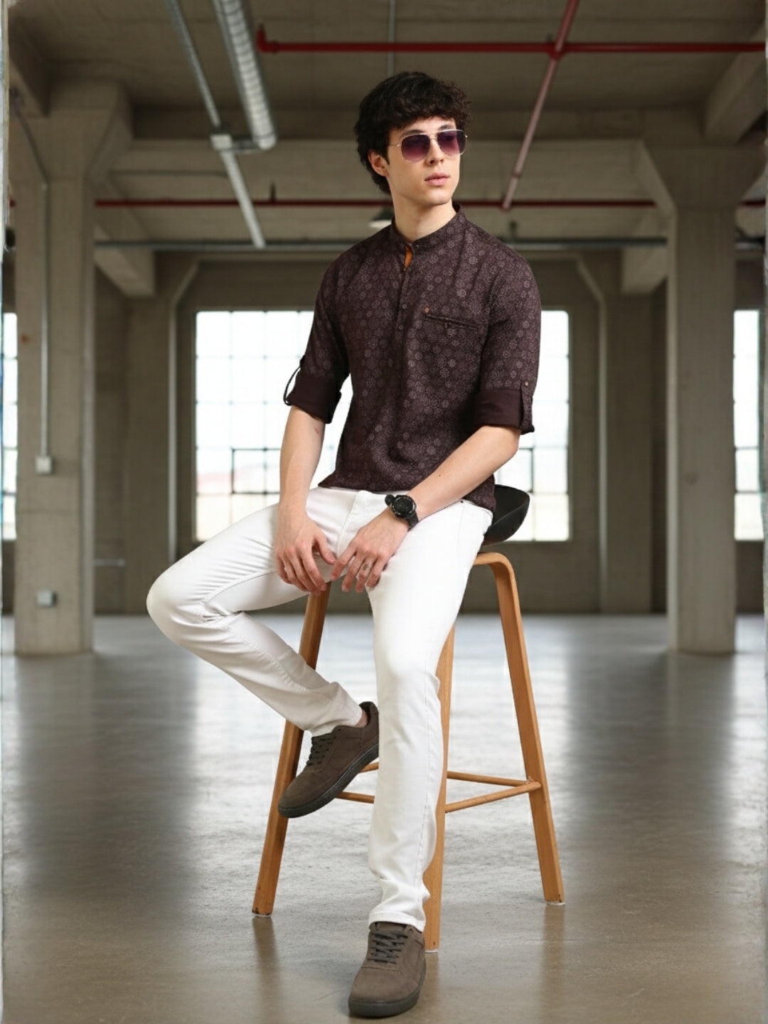Men Maroon Slim Fit Printed Full Sleeve Casual Kurta Shirt