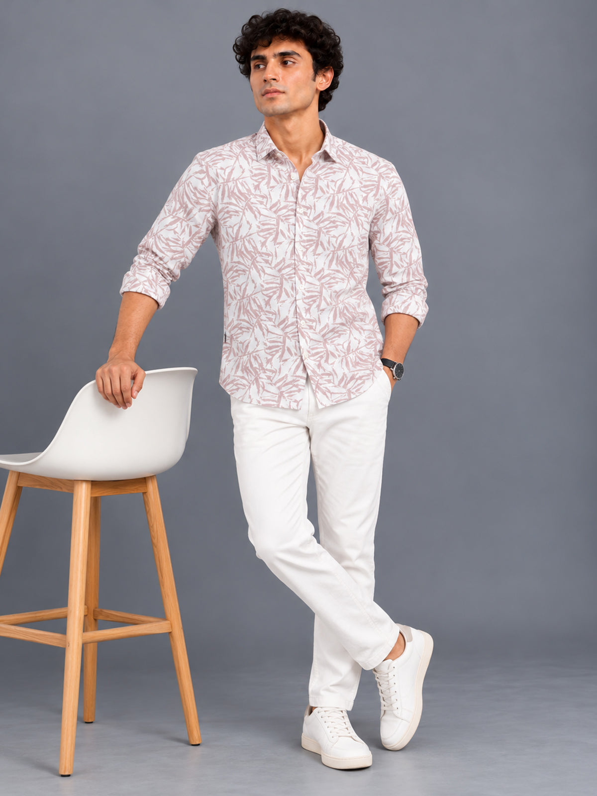Men Beige Slim Fit Cotton Lycra Brushstroke Printed Casual Shirt