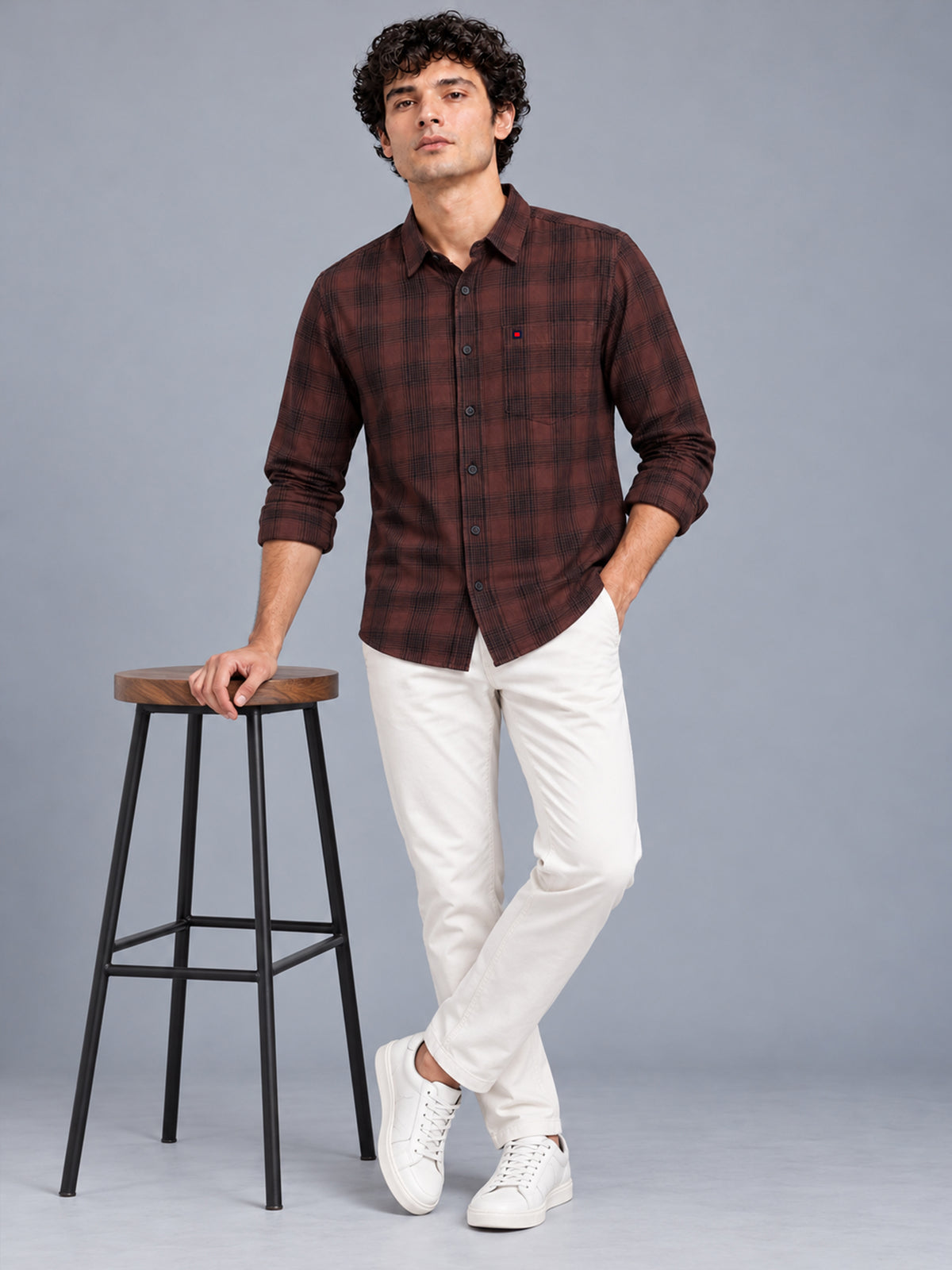Men Smart Casual Brown Tartan Checked Slim Fit Casual Shirt