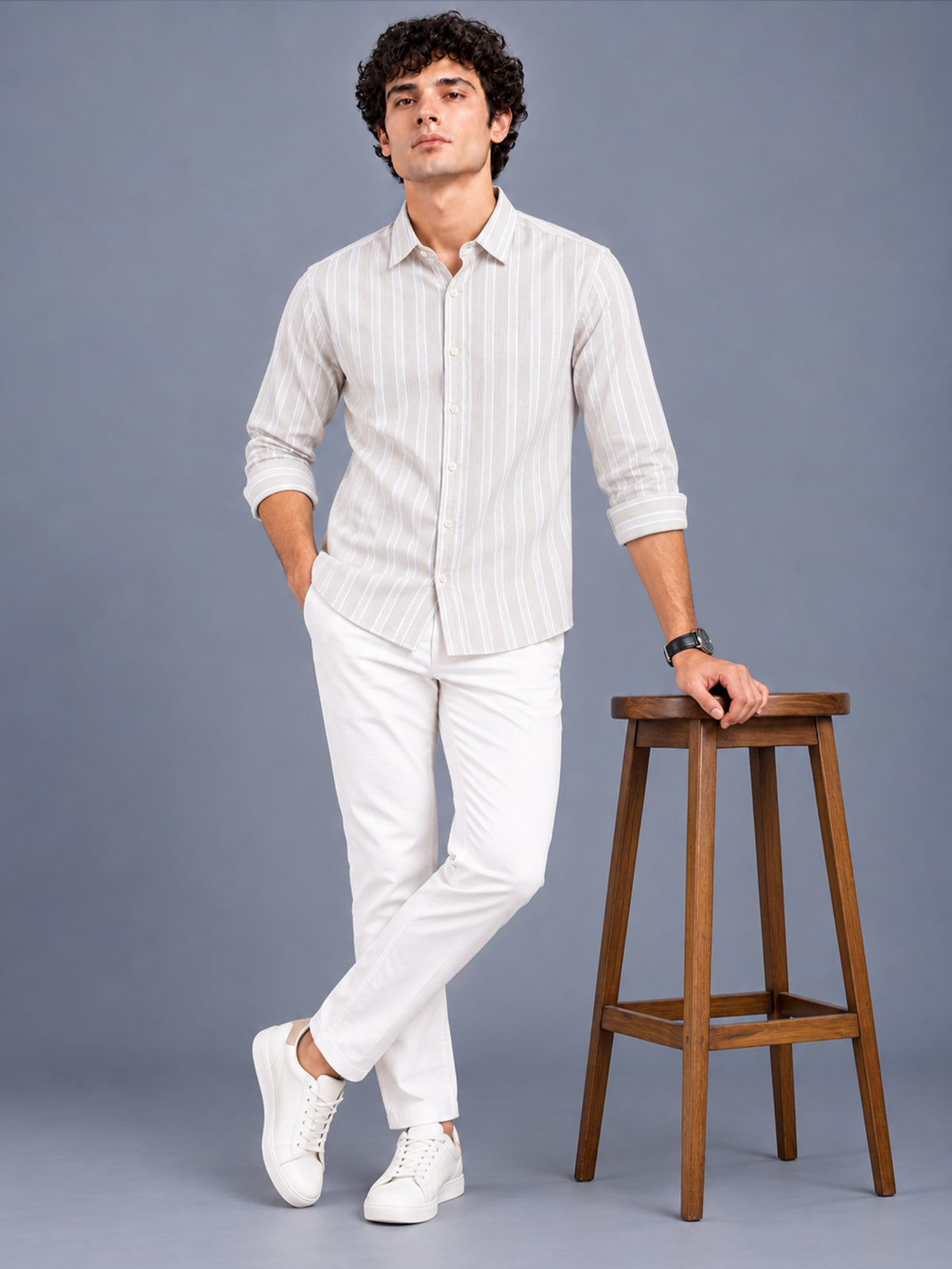 Men Beige Striped Cotton Lycra Slim Fit Casual Shirt