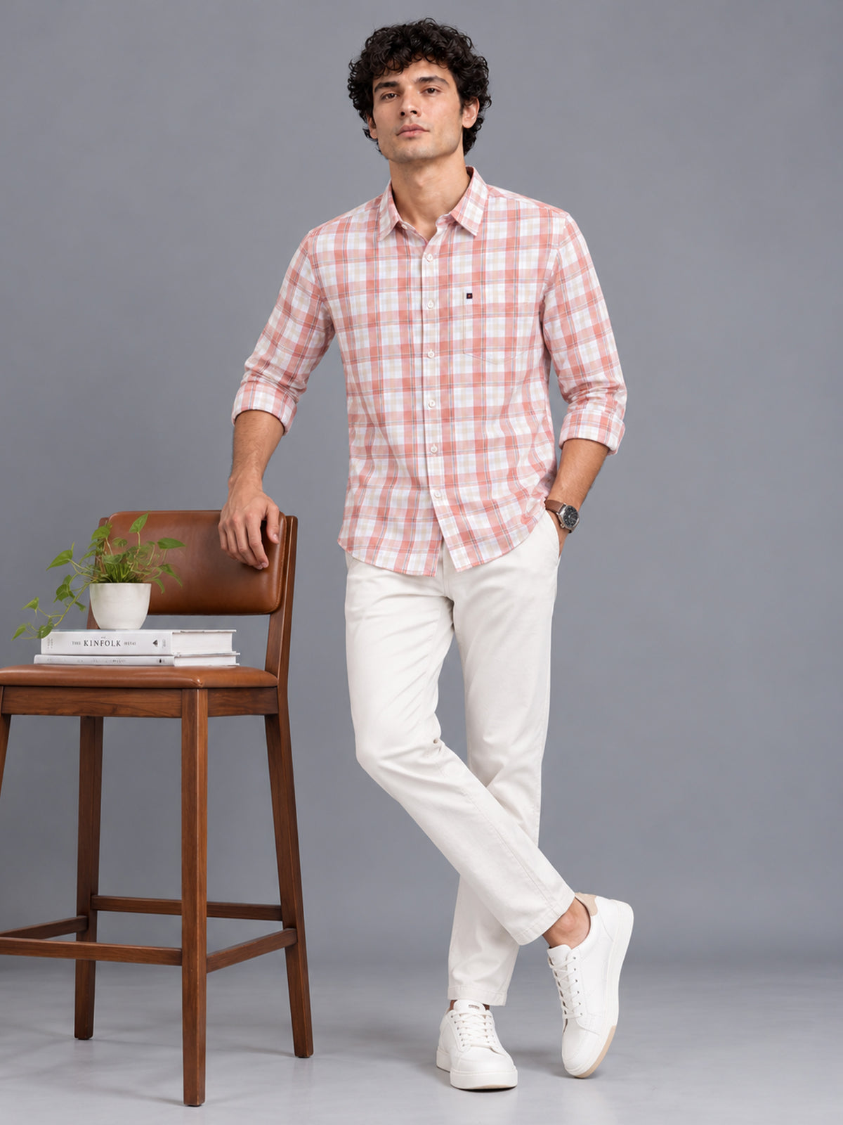 Men Peach Slim Fit Tartan checkered Casual Shirt