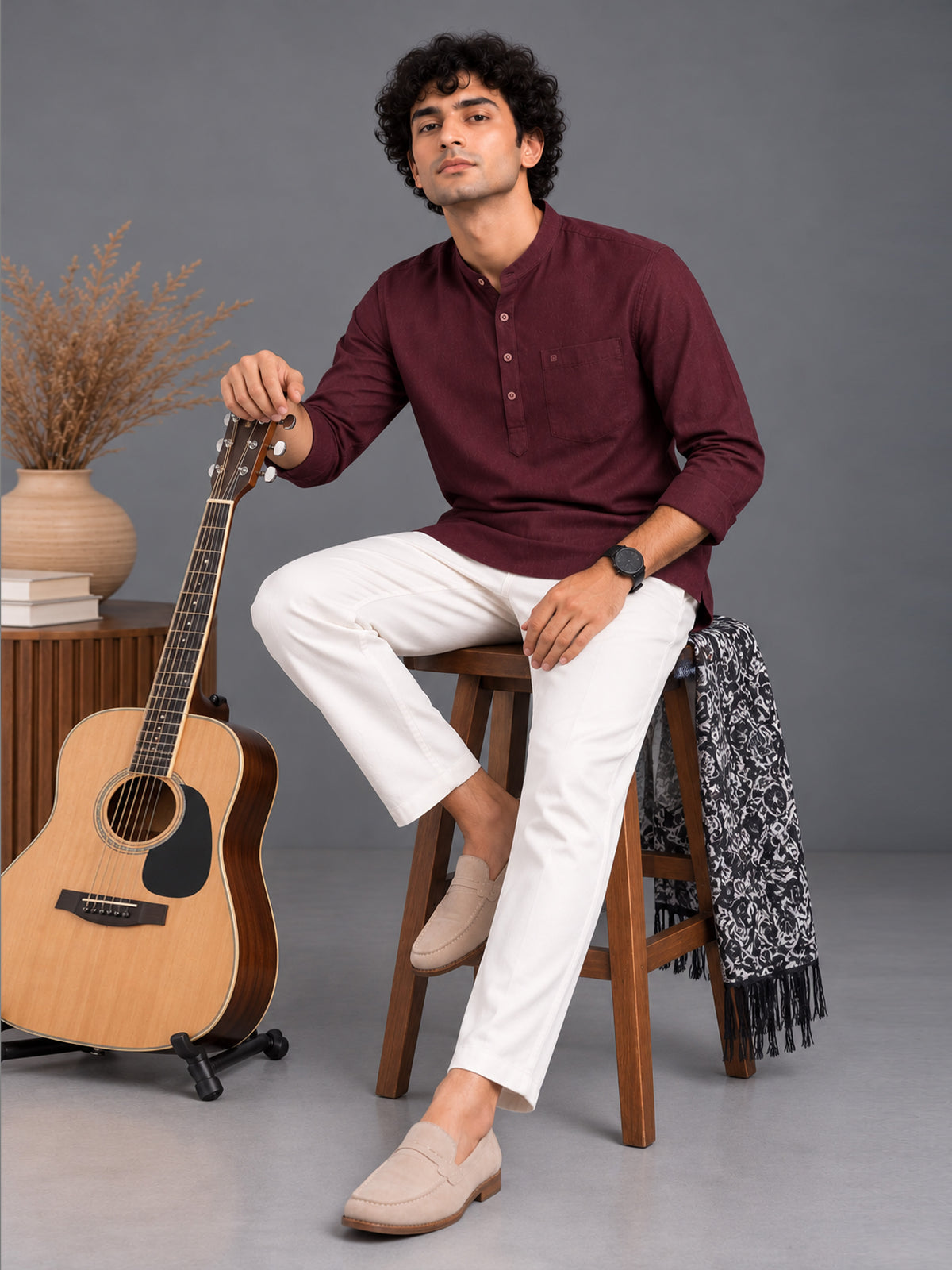 Men Wine Slim Fit Solid Linen Texture Casual Kurta Shirt