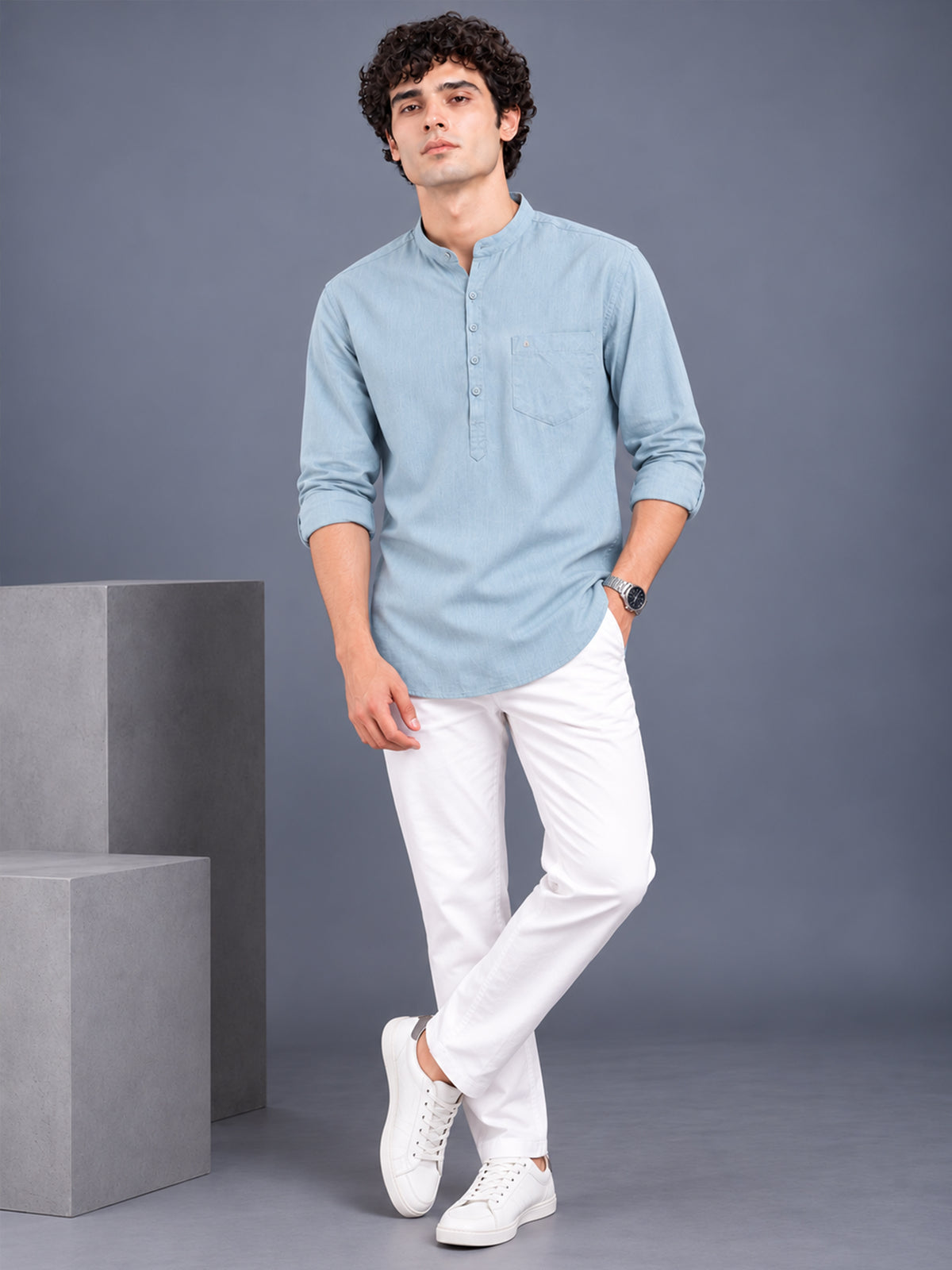 Men Grey Slim Fit Solid Linen Texture Casual Kurta Shirt