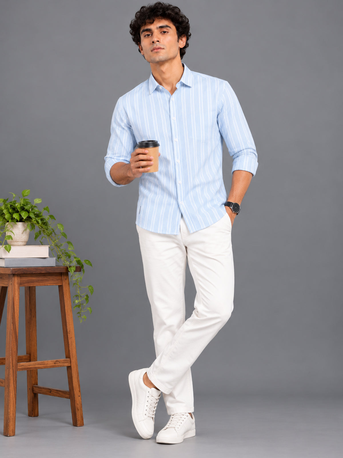 Men Blue Striped Cotton Lycra Slim Fit Casual Shirt