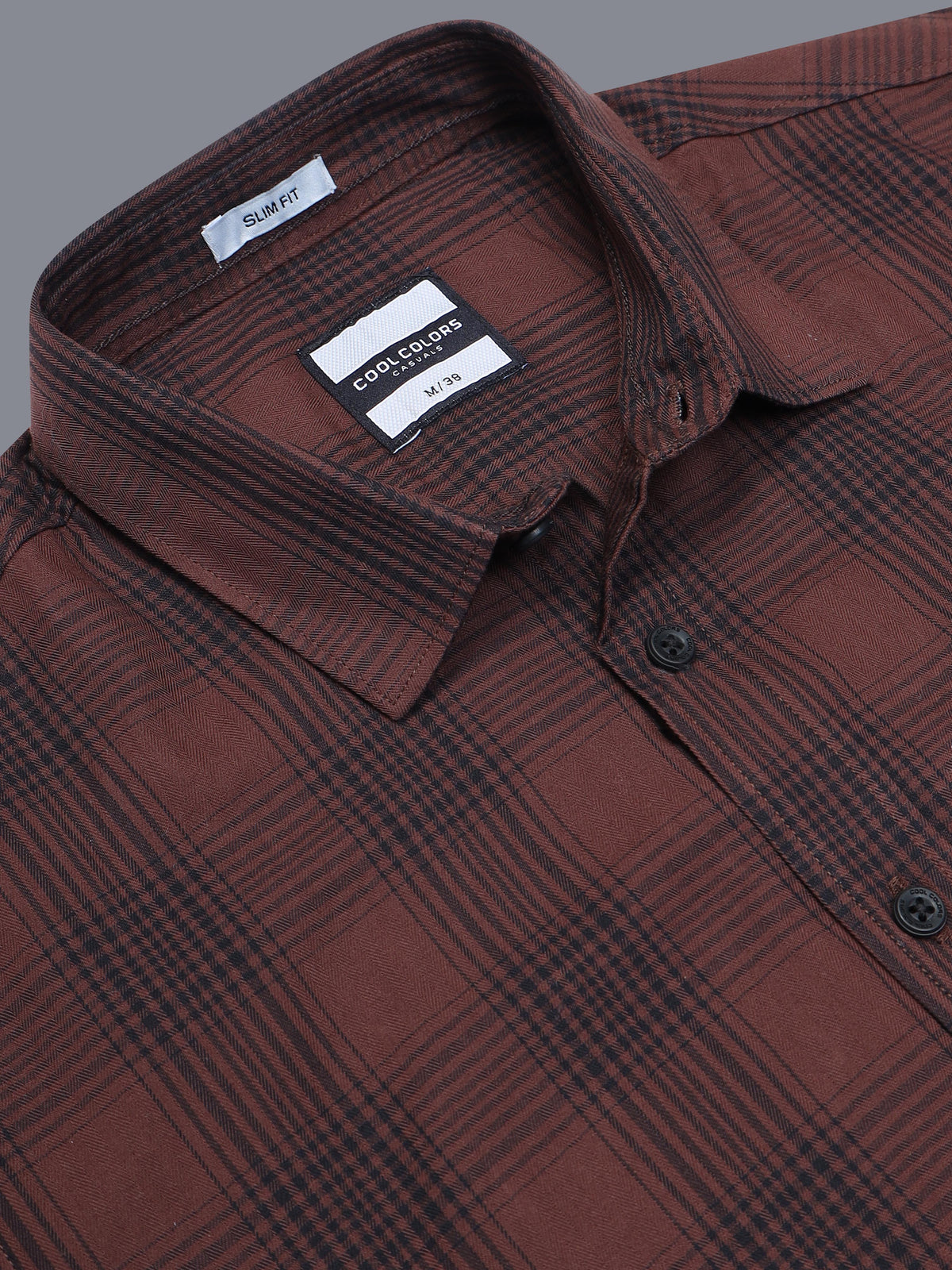 Men Smart Casual Brown Tartan Checked Slim Fit Casual Shirt