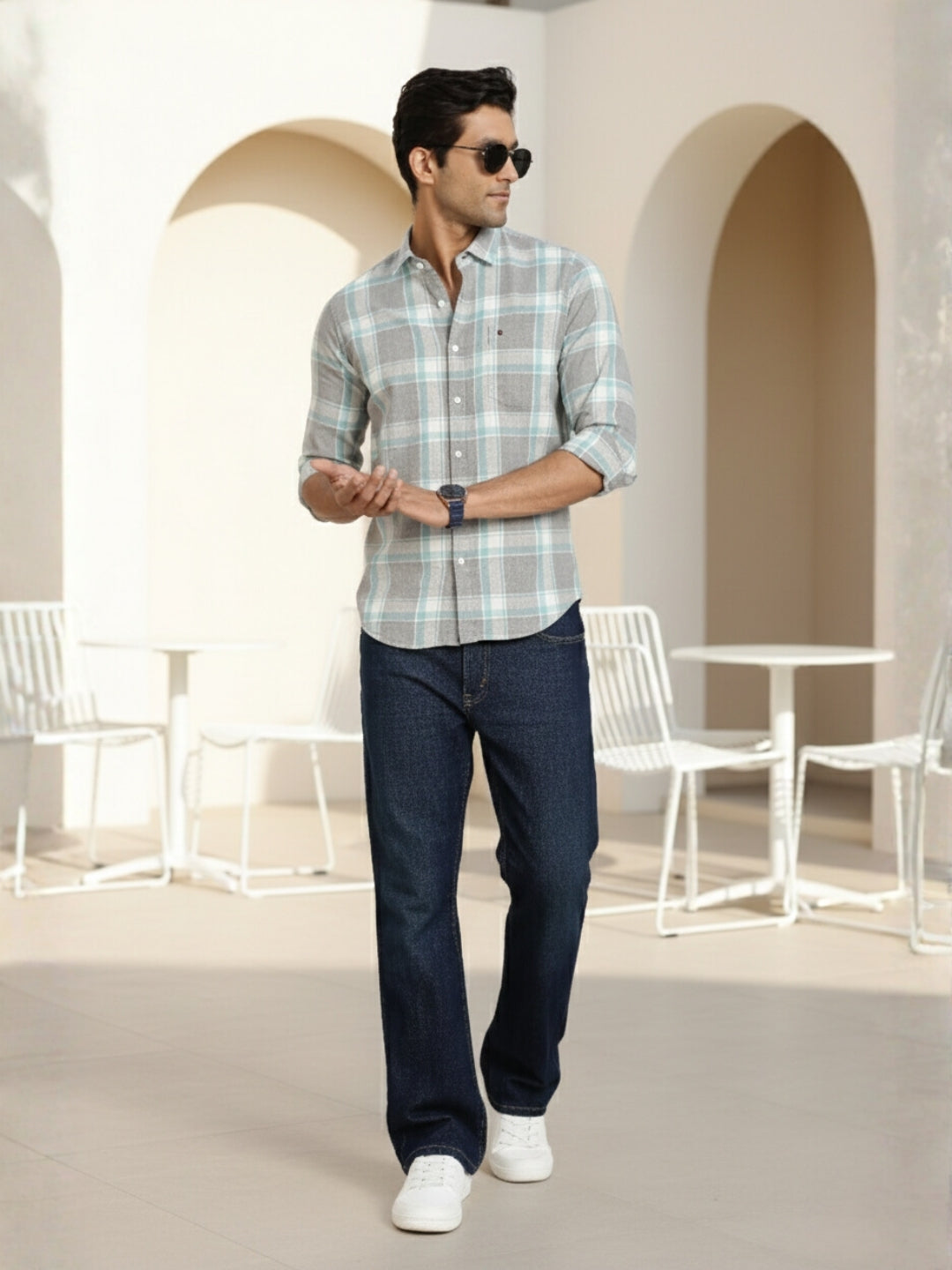 Men Grey Checkered Full Sleeve Slim Fit Casual Shirt