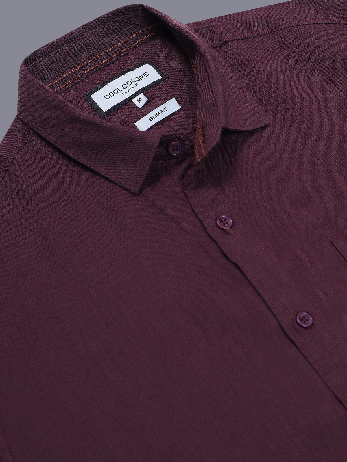 Men's Wine Linen Textured Slim Fit Solid Casual Shirt