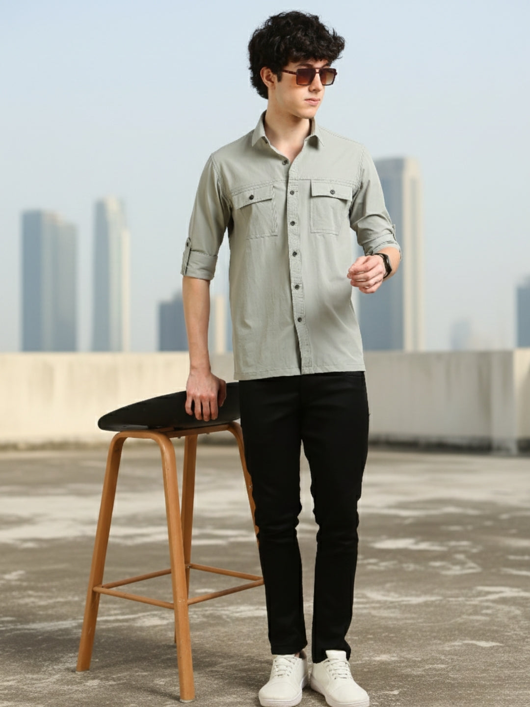 Men Lt.Grey Slim Fit Solid Full Sleeve Lycra Casual Shirt