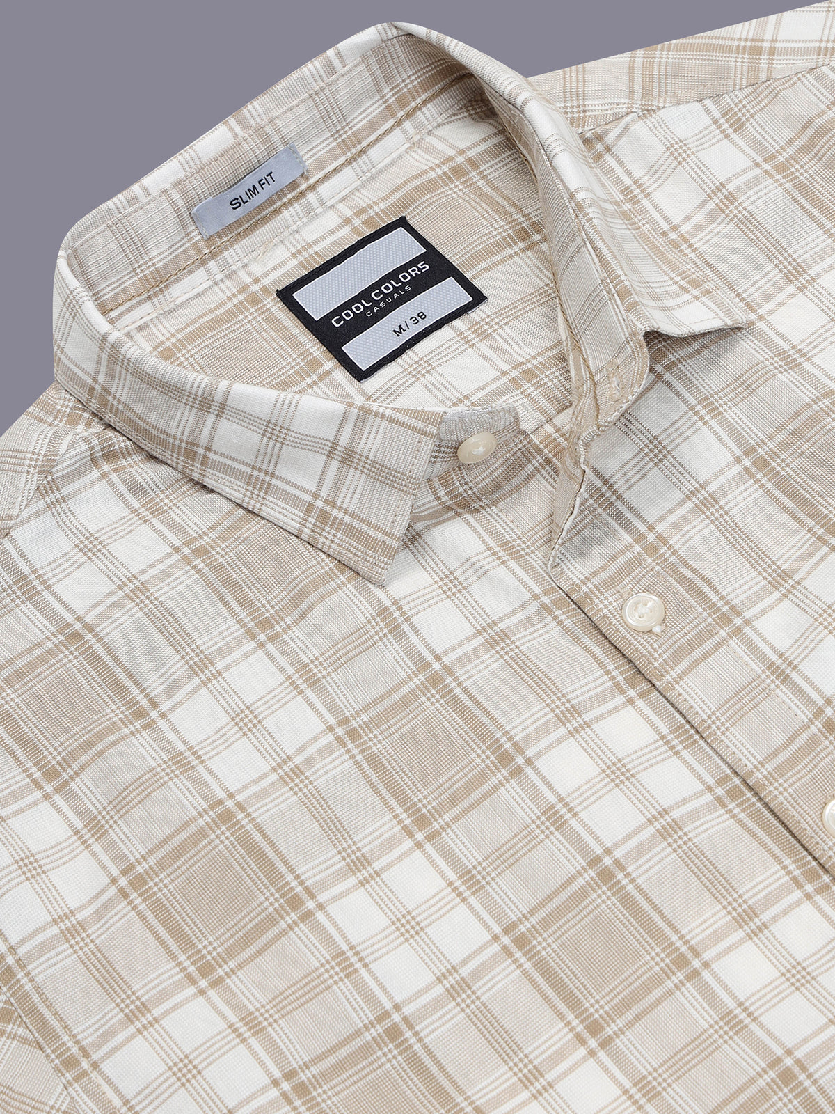 Men’s Beige Windowpane Checked Slim Fit Casual Shirt