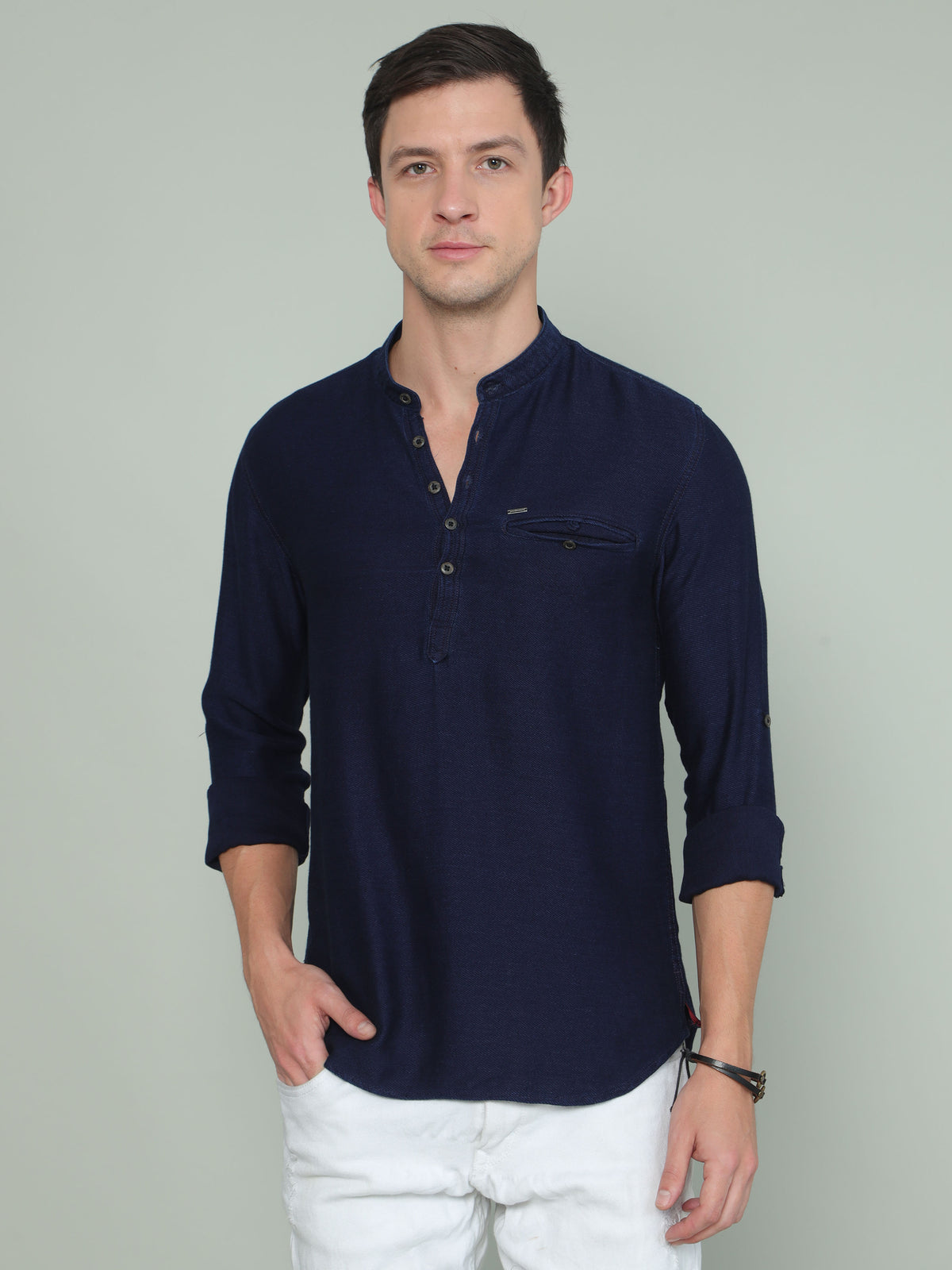 Men's Blue Slim Fit Solid Full Sleeves Casual Kurta Shirt